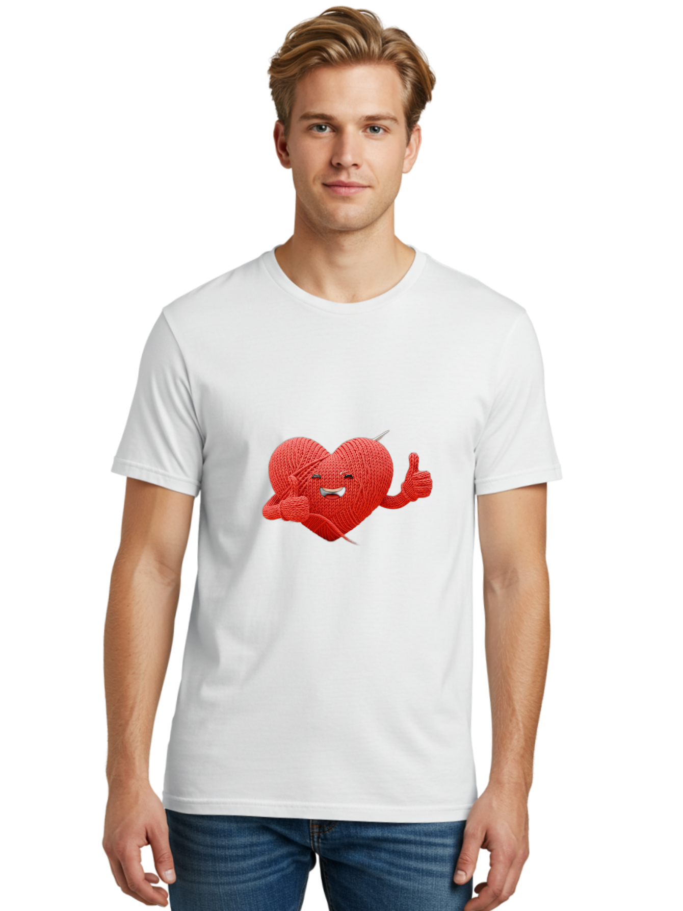 Yarn-Heart Men'S Graphic Tee, 100% Cotton, Comfortable Casual Summer Wear, Machine Washable, Knitted Heart, Cartoon Character, Knitting Yarn, Knitting Needles, Smiling Face, Thumbs Up, Happy Emotion, Creative Design, Quirky Illustration, Bae329 21