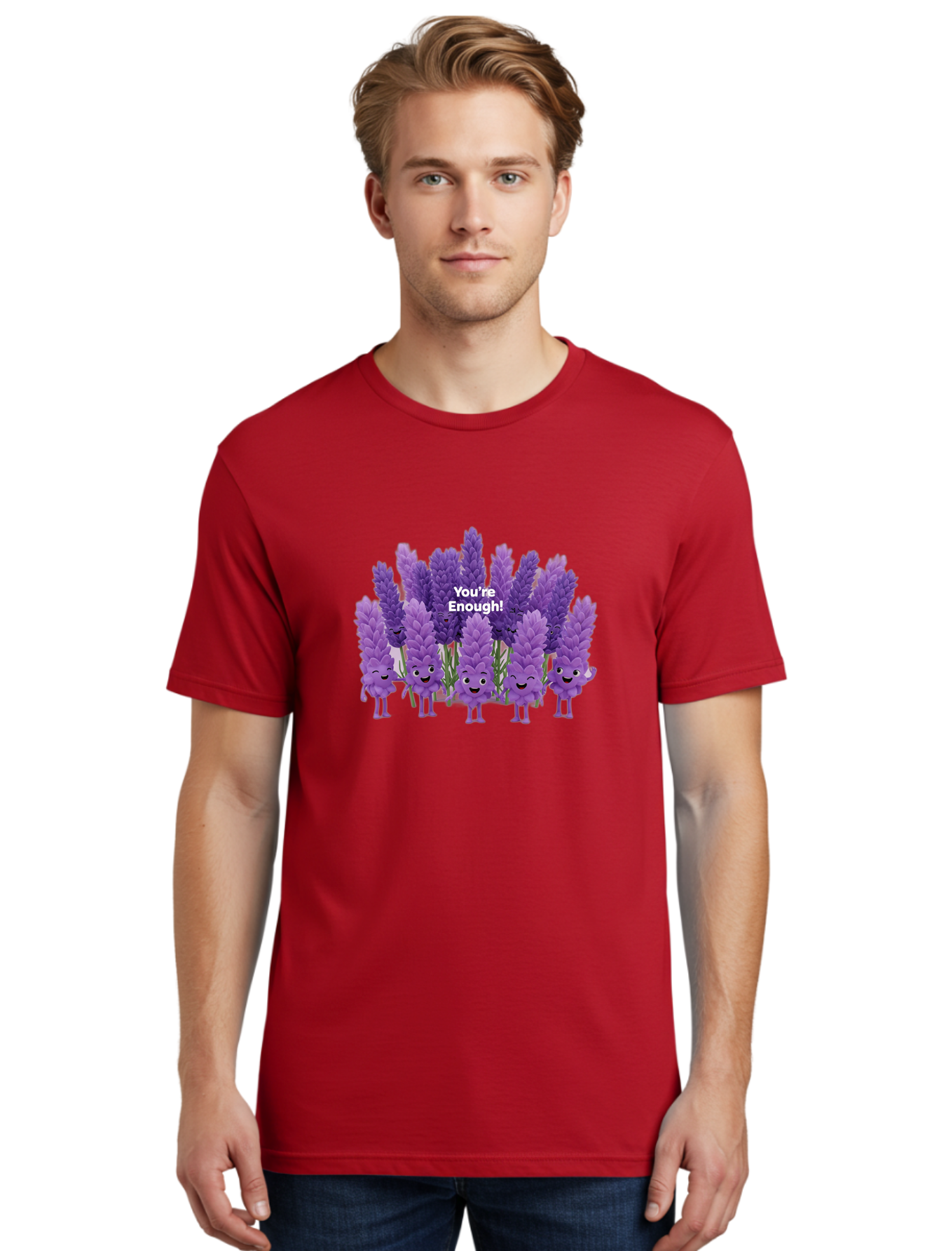 You-Re-Enough-Lavender Men'S Graphic Tee, 100% Cotton, Comfortable Casual Summer Wear, Machine Washable, Lavender Flowers, Happy Cartoon Characters, Purple Blooms, Positive Affirmation, You'Re Enough, Self Love, Mental Wellness, Happy Faces Bae331 18