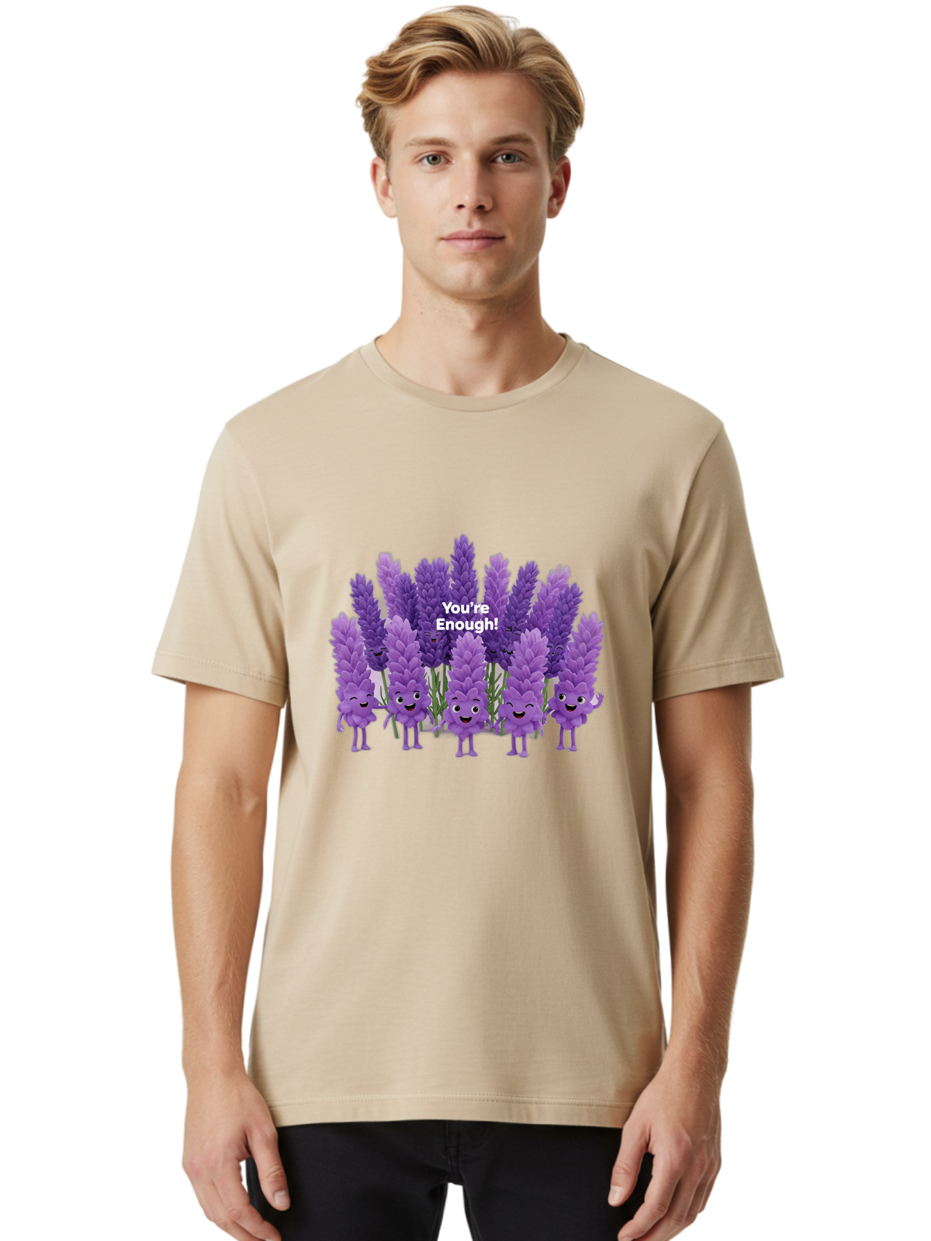 You-Re-Enough-Lavender Men'S Graphic Tee, 100% Cotton, Comfortable Casual Summer Wear, Machine Washable, Lavender Flowers, Happy Cartoon Characters, Purple Blooms, Positive Affirmation, You'Re Enough, Self Love, Mental Wellness, Happy Faces Bae331 21