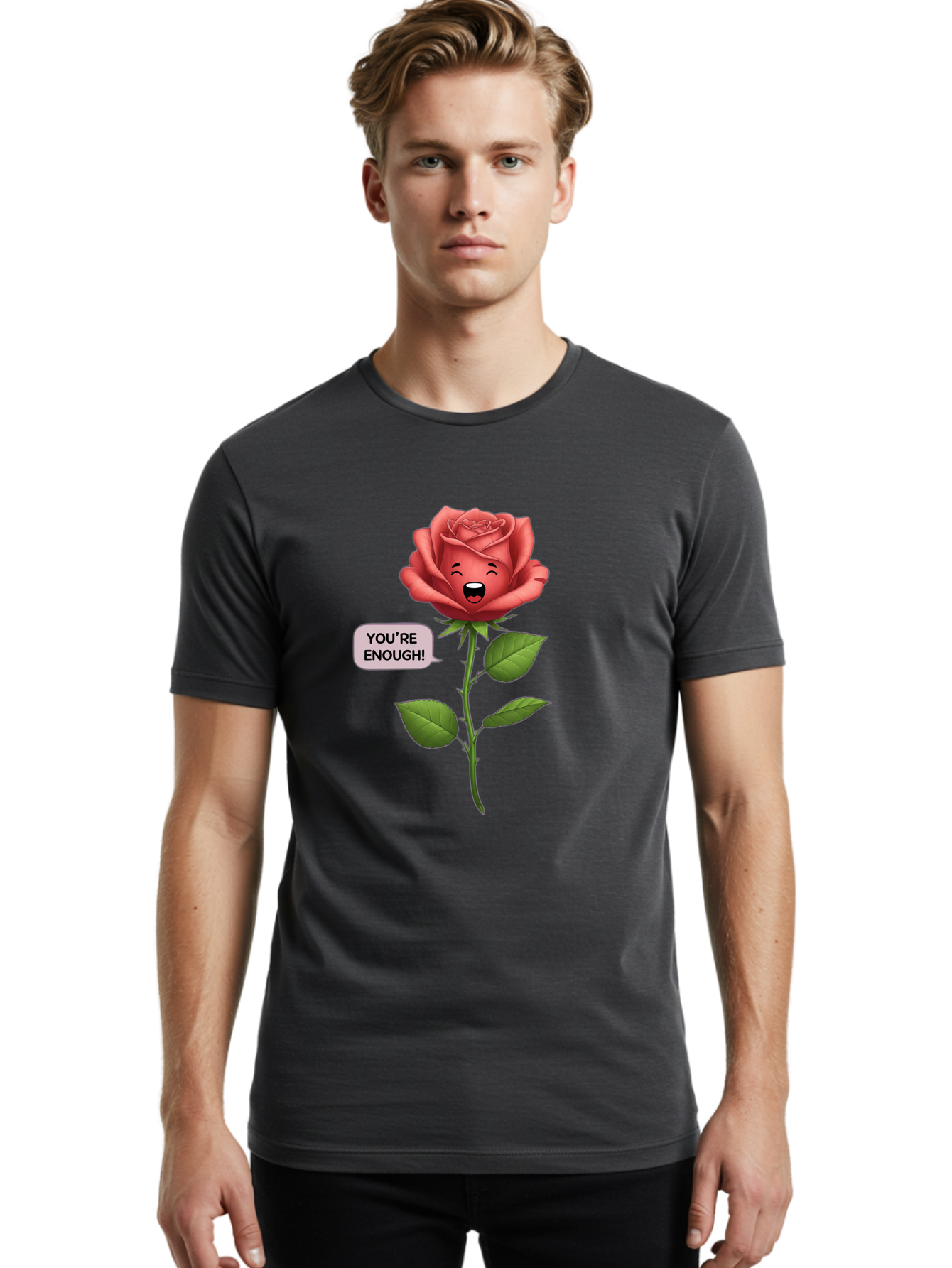 You-Re-Enough-Rose Men'S Graphic Tee, 100% Cotton, Comfortable Casual Summer Wear, Machine Washable, Rose With Face, You'Re Enough! Text, Positive Affirmation, Self-Love, Empowerment, Motivational Quote, Love Yourself, Floral Illustration, Bae332 27
