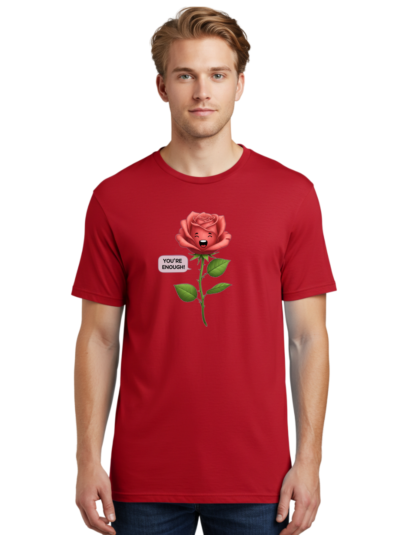 You-Re-Enough-Rose Men'S Graphic Tee, 100% Cotton, Comfortable Casual Summer Wear, Machine Washable, Rose With Face, You'Re Enough! Text, Positive Affirmation, Self-Love, Empowerment, Motivational Quote, Love Yourself, Floral Illustration, Bae332 17