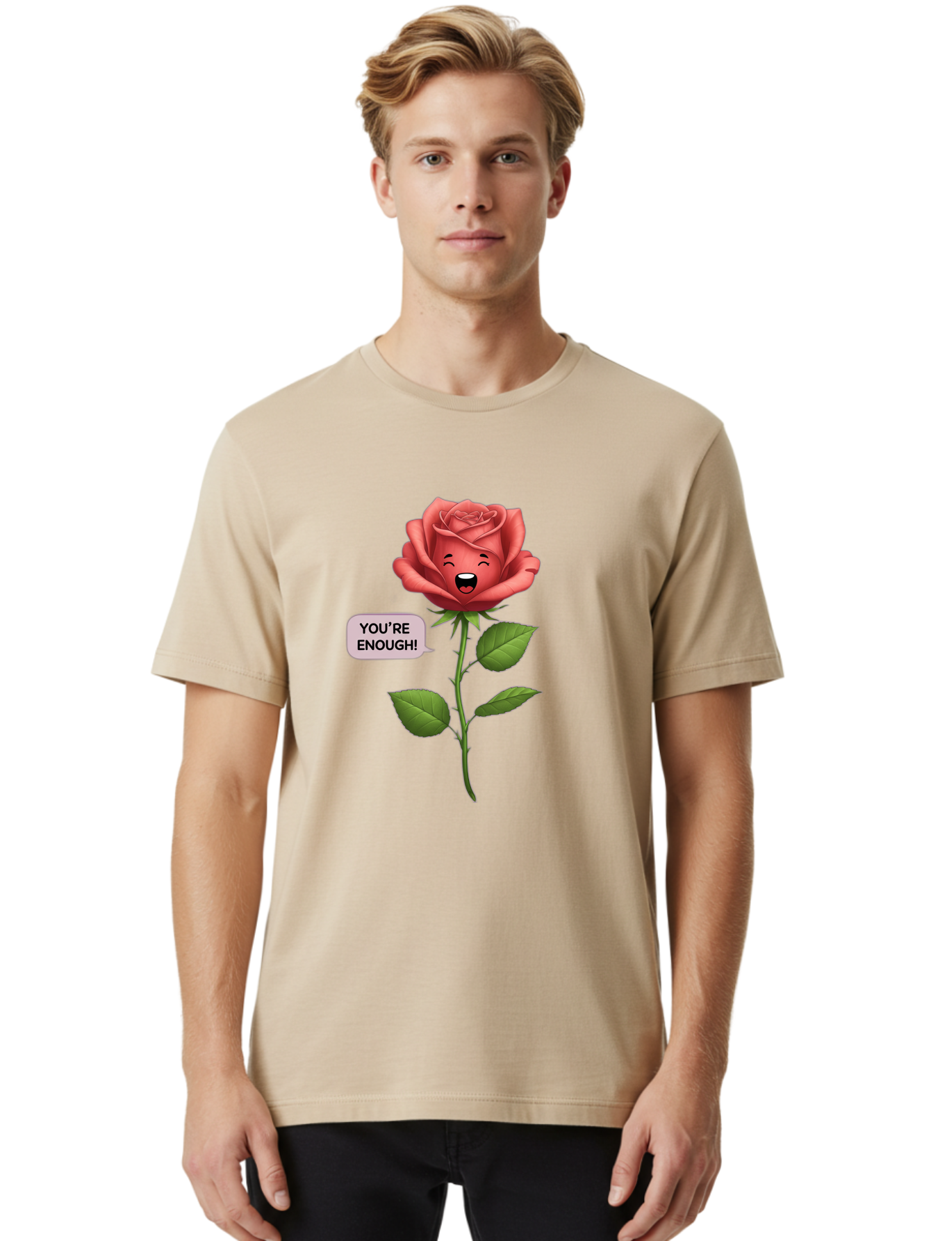 You-Re-Enough-Rose Men'S Graphic Tee, 100% Cotton, Comfortable Casual Summer Wear, Machine Washable, Rose With Face, You'Re Enough! Text, Positive Affirmation, Self-Love, Empowerment, Motivational Quote, Love Yourself, Floral Illustration, Bae332 19