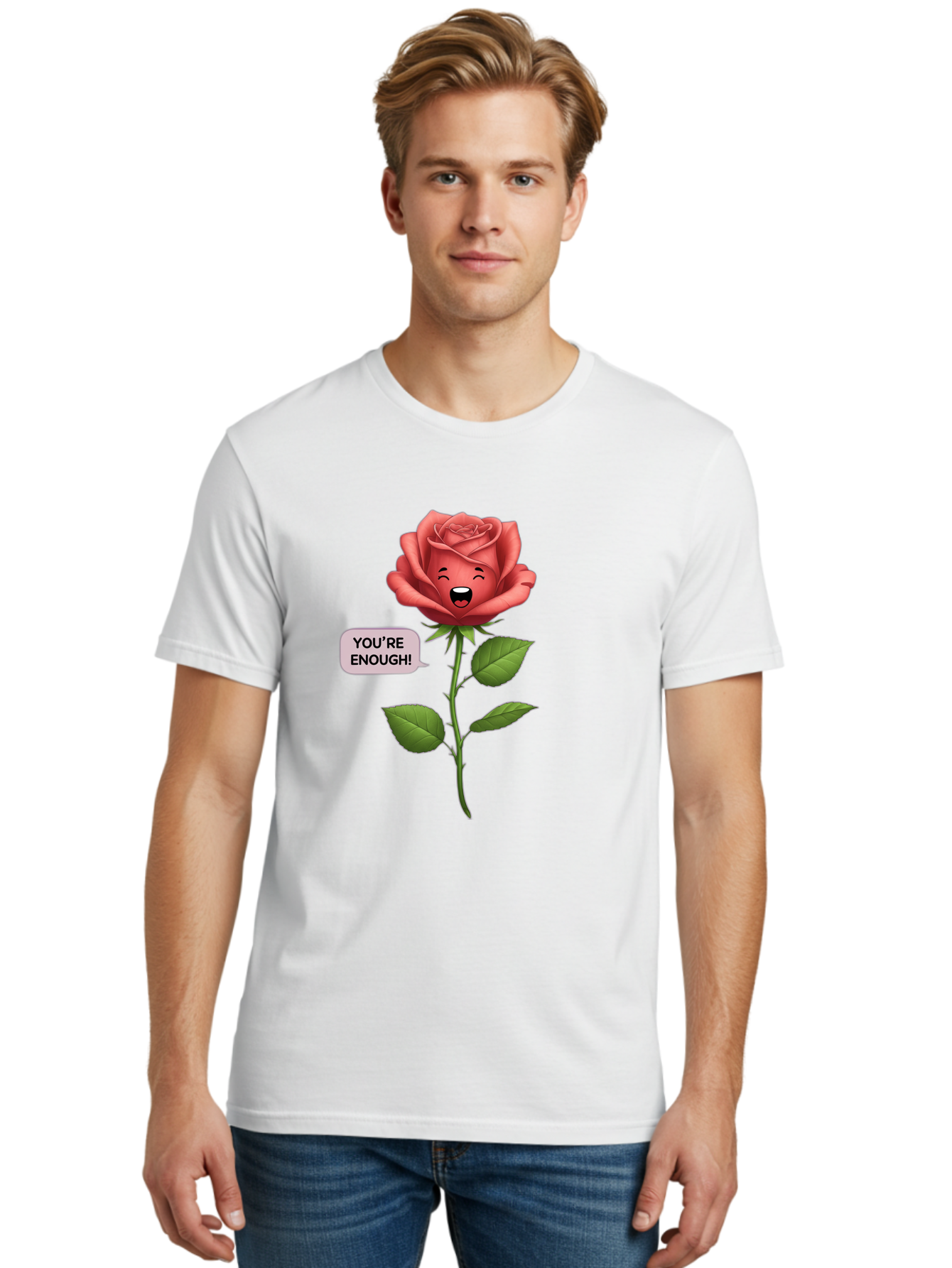 You-Re-Enough-Rose Men'S Graphic Tee, 100% Cotton, Comfortable Casual Summer Wear, Machine Washable, Rose With Face, You'Re Enough! Text, Positive Affirmation, Self-Love, Empowerment, Motivational Quote, Love Yourself, Floral Illustration, Bae332 23