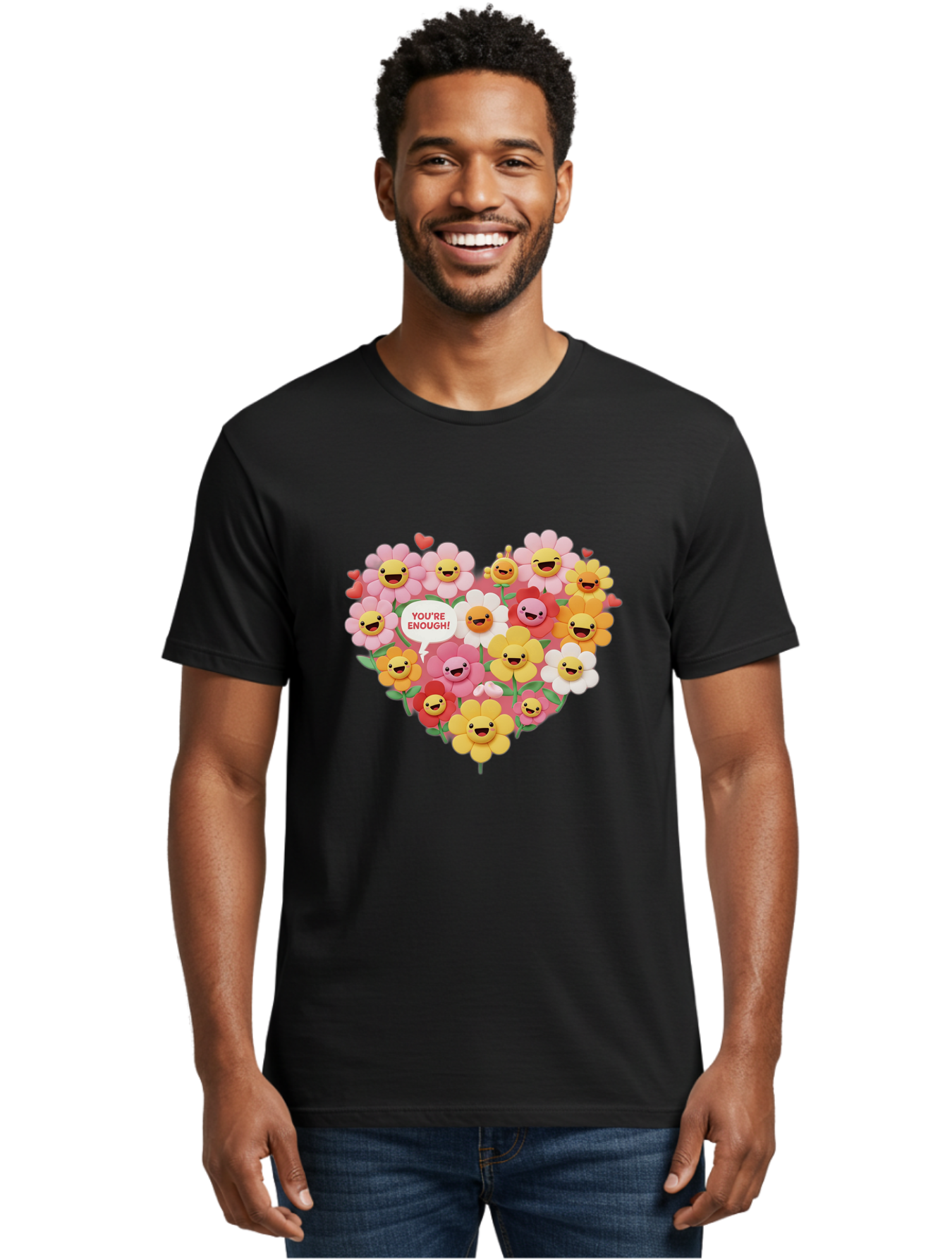 You-Re-Enough Men'S Graphic Tee, 100% Cotton, Comfortable Casual Summer Wear, Machine Washable, Heart-Shaped Arrangement Of Flowers, Smiling Emojis, Positive Affirmation, You'Re Enough, Cute Design, Floral Pattern, Uplifting Message, Bae333 27