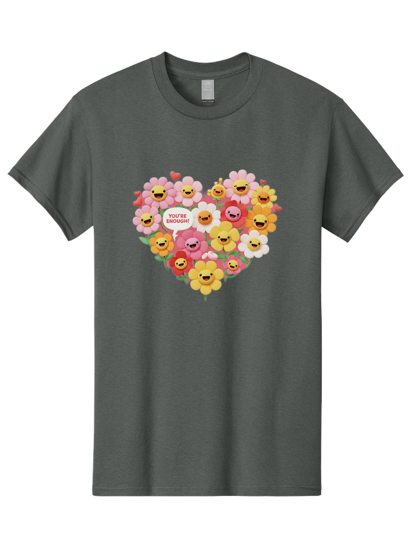 You-Re-Enough Men'S Graphic Tee, 100% Cotton, Comfortable Casual Summer Wear, Machine Washable, Heart-Shaped Arrangement Of Flowers, Smiling Emojis, Positive Affirmation, You'Re Enough, Cute Design, Floral Pattern, Uplifting Message, Bae333 15