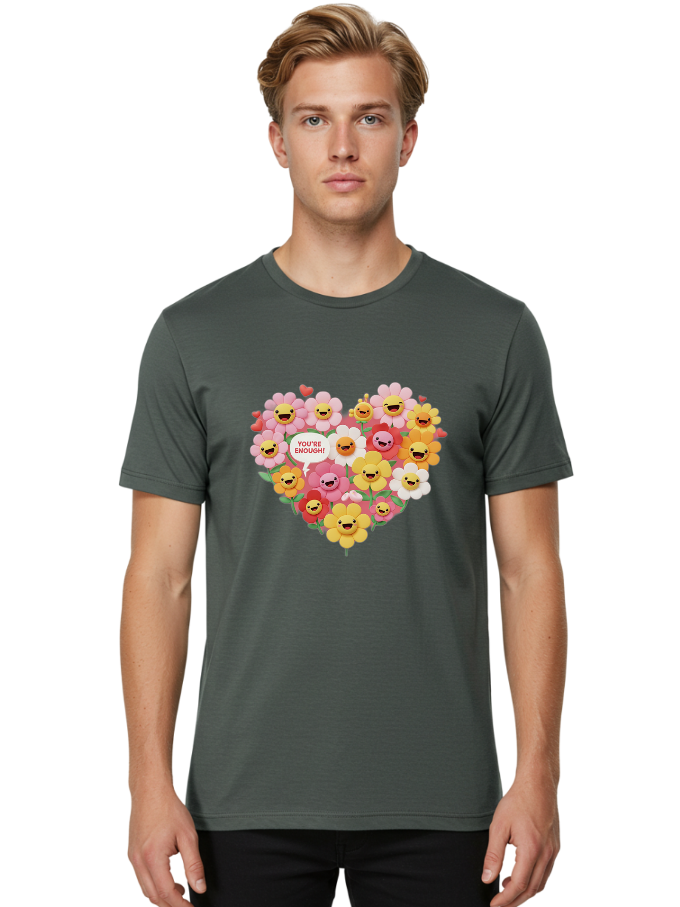 You-Re-Enough Men'S Graphic Tee, 100% Cotton, Comfortable Casual Summer Wear, Machine Washable, Heart-Shaped Arrangement Of Flowers, Smiling Emojis, Positive Affirmation, You'Re Enough, Cute Design, Floral Pattern, Uplifting Message, Bae333 30
