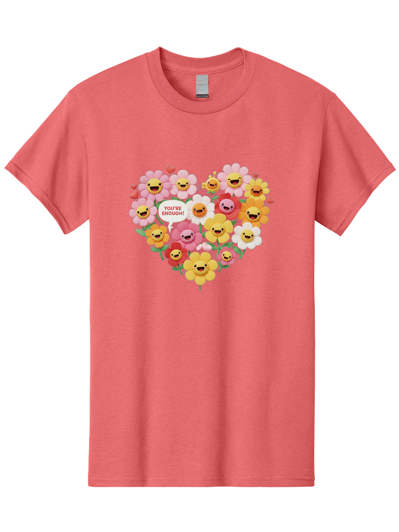 You-Re-Enough Men'S Graphic Tee, 100% Cotton, Comfortable Casual Summer Wear, Machine Washable, Heart-Shaped Arrangement Of Flowers, Smiling Emojis, Positive Affirmation, You'Re Enough, Cute Design, Floral Pattern, Uplifting Message, Bae333 10