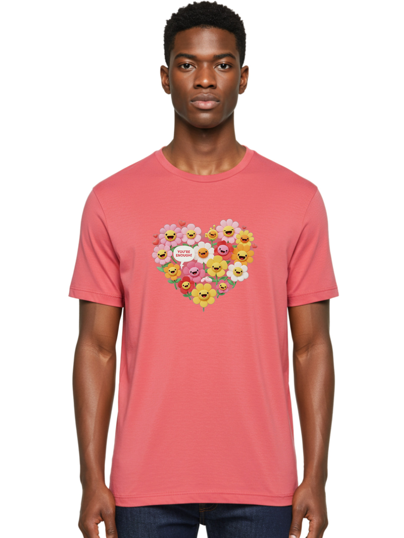 You-Re-Enough Men'S Graphic Tee, 100% Cotton, Comfortable Casual Summer Wear, Machine Washable, Heart-Shaped Arrangement Of Flowers, Smiling Emojis, Positive Affirmation, You'Re Enough, Cute Design, Floral Pattern, Uplifting Message, Bae333 25