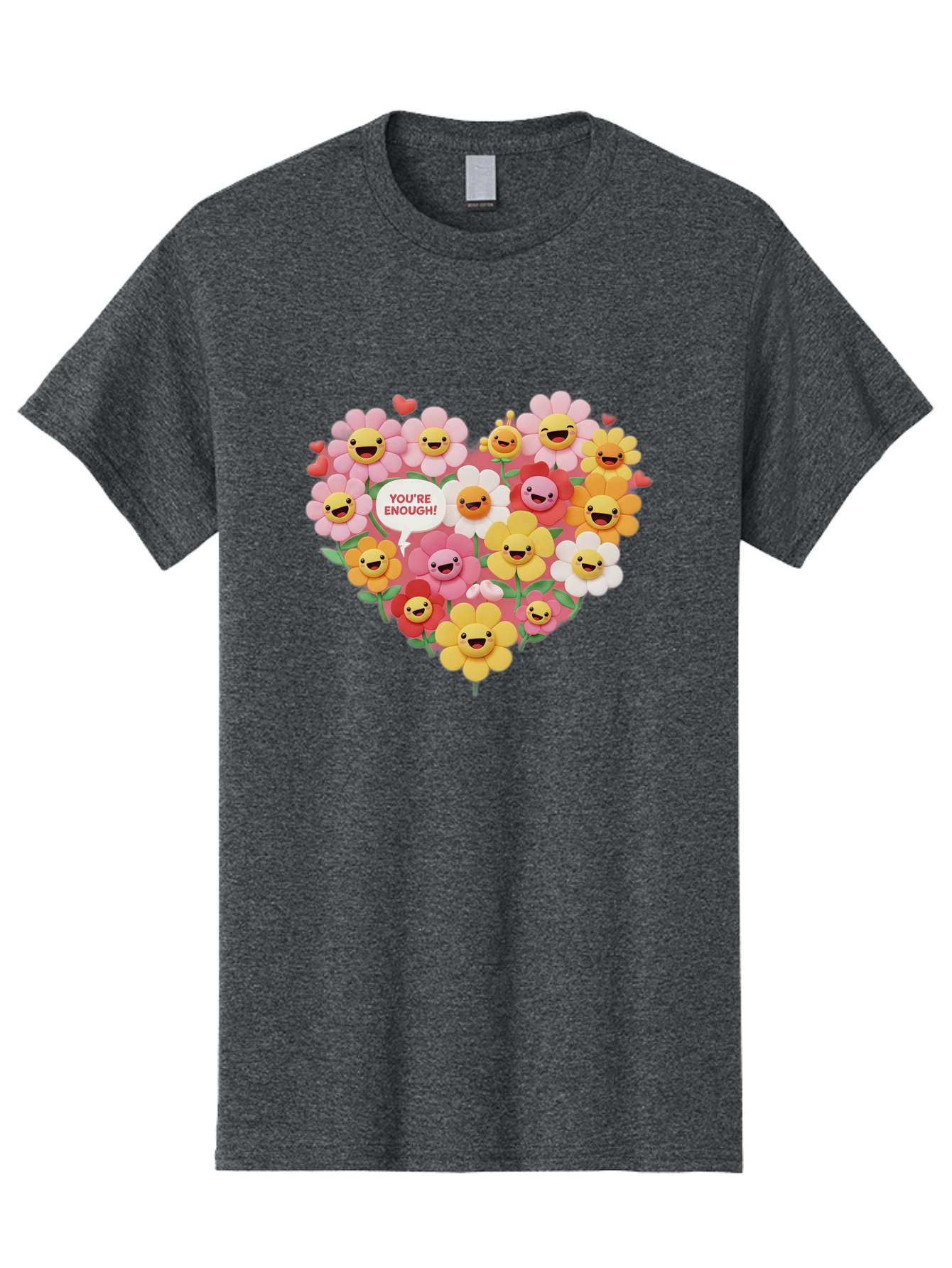 You-Re-Enough Men'S Graphic Tee, 100% Cotton, Comfortable Casual Summer Wear, Machine Washable, Heart-Shaped Arrangement Of Flowers, Smiling Emojis, Positive Affirmation, You'Re Enough, Cute Design, Floral Pattern, Uplifting Message, Bae333 11