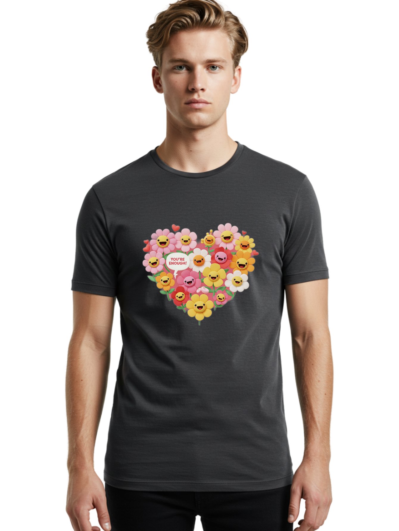 You-Re-Enough Men'S Graphic Tee, 100% Cotton, Comfortable Casual Summer Wear, Machine Washable, Heart-Shaped Arrangement Of Flowers, Smiling Emojis, Positive Affirmation, You'Re Enough, Cute Design, Floral Pattern, Uplifting Message, Bae333 26