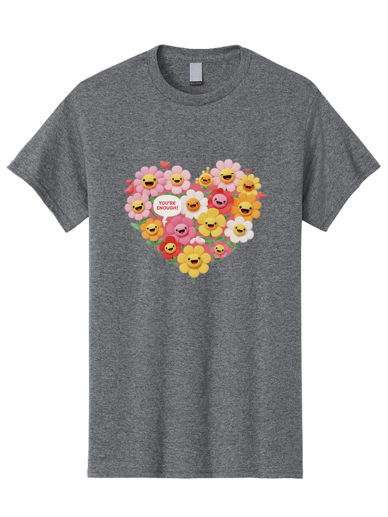 You-Re-Enough Men'S Graphic Tee, 100% Cotton, Comfortable Casual Summer Wear, Machine Washable, Heart-Shaped Arrangement Of Flowers, Smiling Emojis, Positive Affirmation, You'Re Enough, Cute Design, Floral Pattern, Uplifting Message, Bae333 2