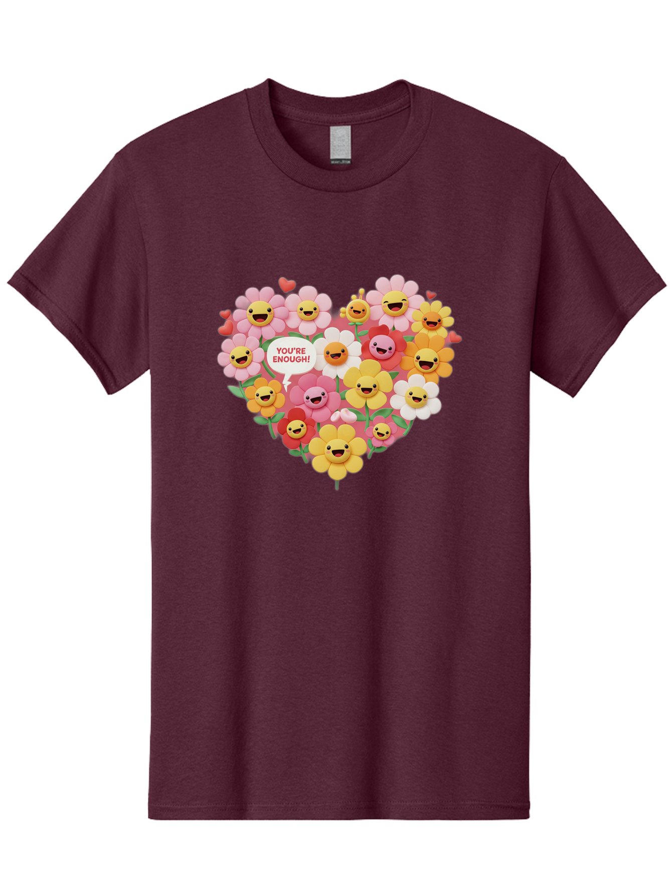 You-Re-Enough Men'S Graphic Tee, 100% Cotton, Comfortable Casual Summer Wear, Machine Washable, Heart-Shaped Arrangement Of Flowers, Smiling Emojis, Positive Affirmation, You'Re Enough, Cute Design, Floral Pattern, Uplifting Message, Bae333 1