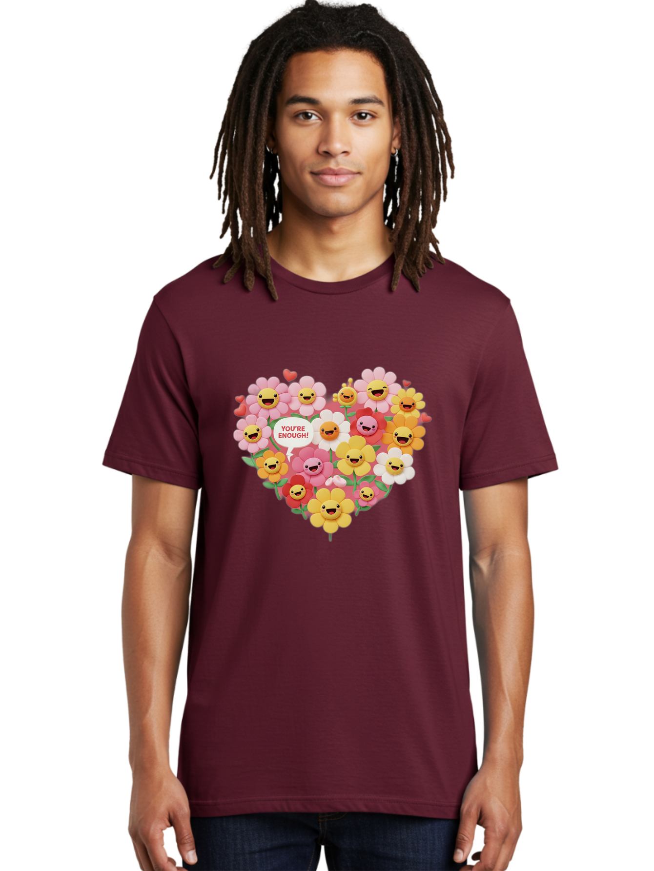 You-Re-Enough Men'S Graphic Tee, 100% Cotton, Comfortable Casual Summer Wear, Machine Washable, Heart-Shaped Arrangement Of Flowers, Smiling Emojis, Positive Affirmation, You'Re Enough, Cute Design, Floral Pattern, Uplifting Message, Bae333 16