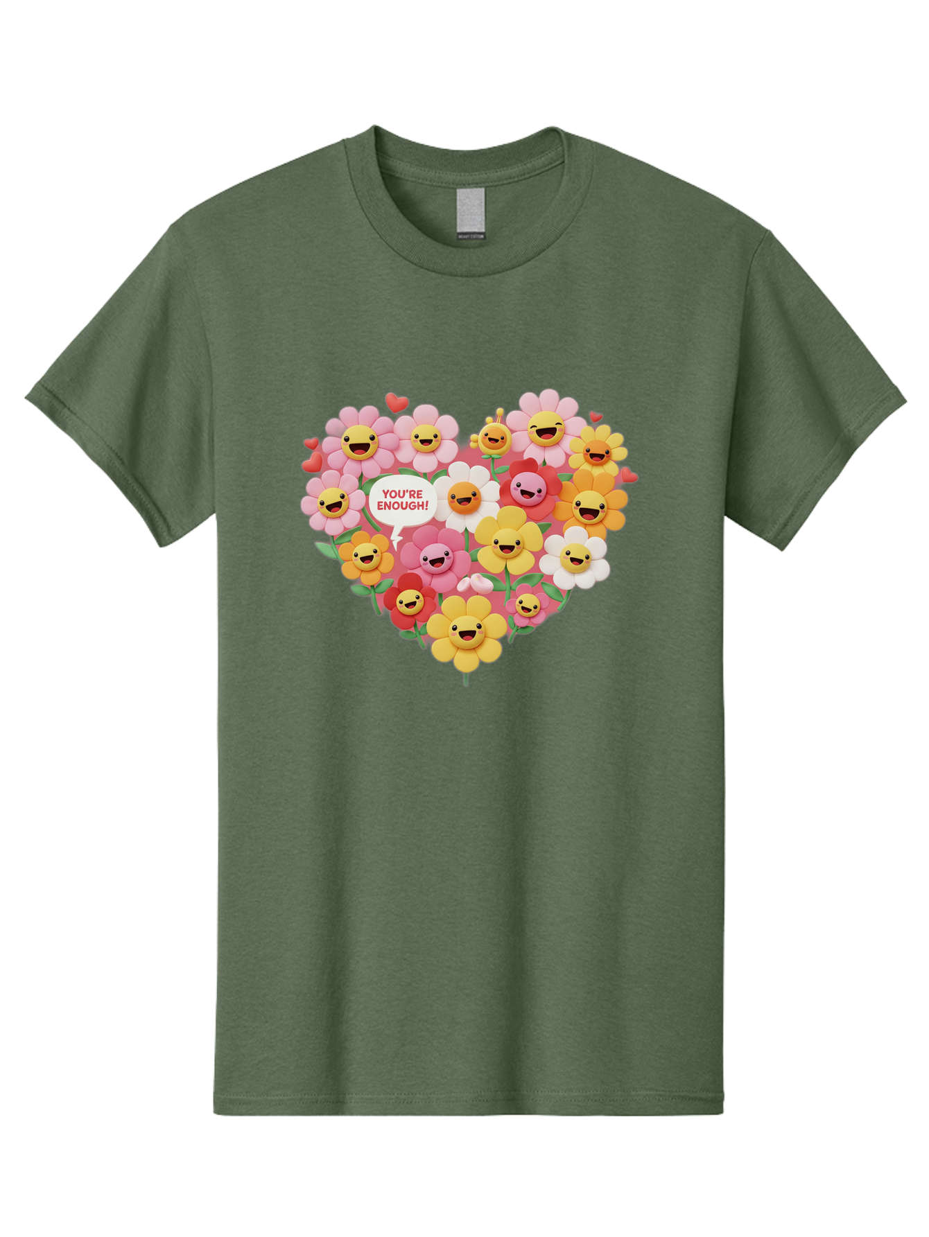 You-Re-Enough Men'S Graphic Tee, 100% Cotton, Comfortable Casual Summer Wear, Machine Washable, Heart-Shaped Arrangement Of Flowers, Smiling Emojis, Positive Affirmation, You'Re Enough, Cute Design, Floral Pattern, Uplifting Message, Bae333 3