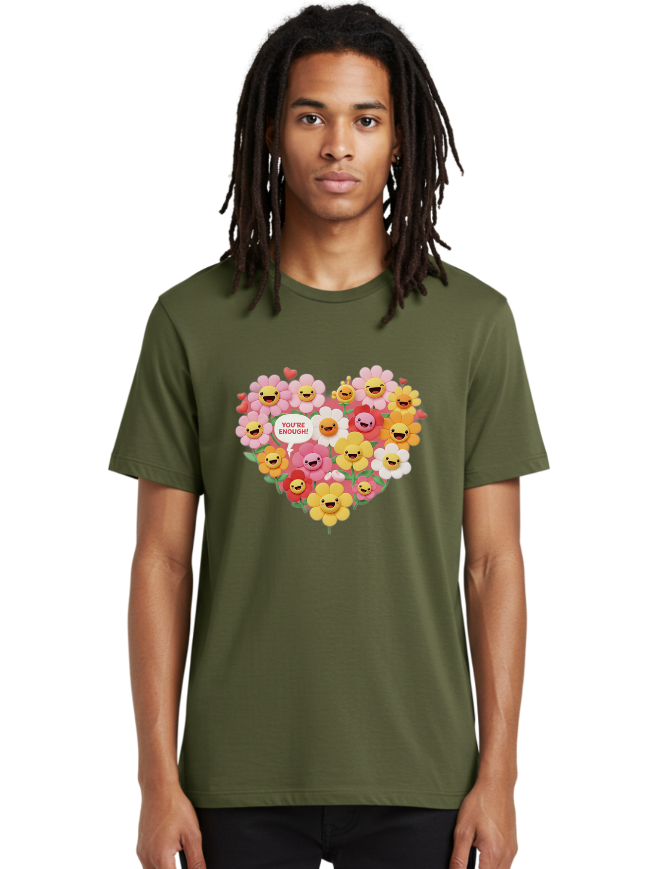 You-Re-Enough Men'S Graphic Tee, 100% Cotton, Comfortable Casual Summer Wear, Machine Washable, Heart-Shaped Arrangement Of Flowers, Smiling Emojis, Positive Affirmation, You'Re Enough, Cute Design, Floral Pattern, Uplifting Message, Bae333 18
