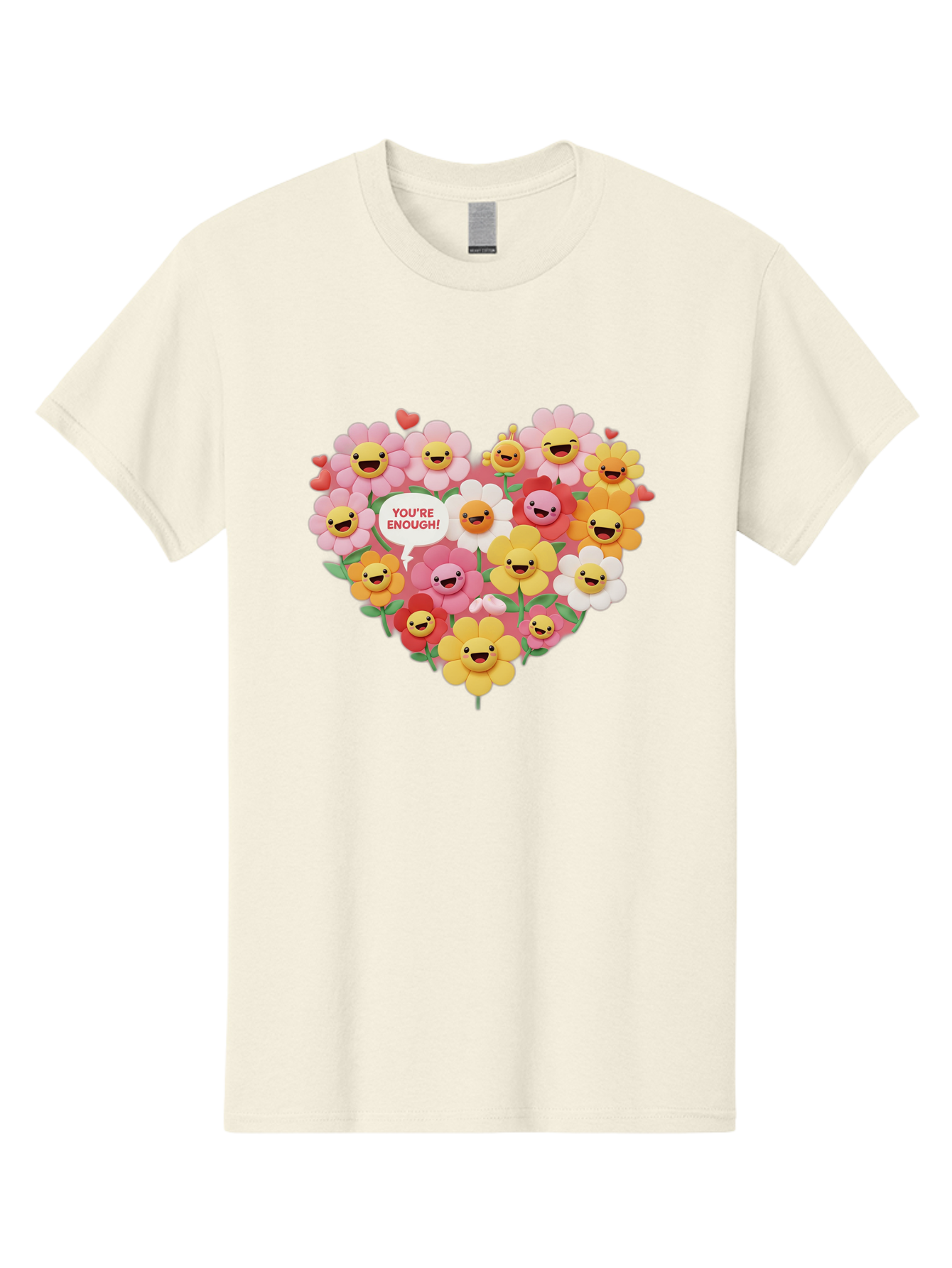 You-Re-Enough Men'S Graphic Tee, 100% Cotton, Comfortable Casual Summer Wear, Machine Washable, Heart-Shaped Arrangement Of Flowers, Smiling Emojis, Positive Affirmation, You'Re Enough, Cute Design, Floral Pattern, Uplifting Message, Bae333 13