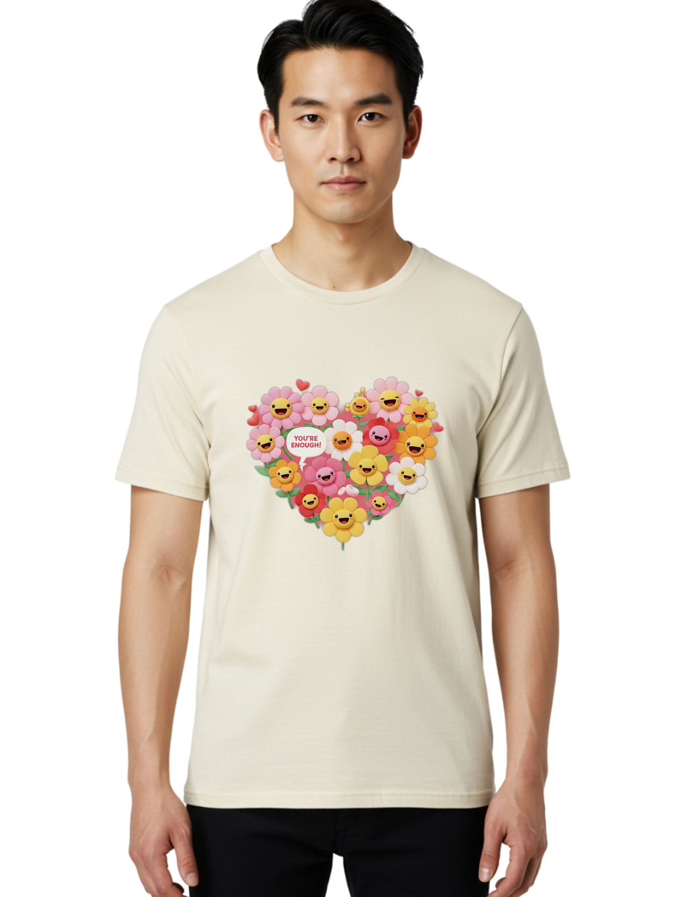 You-Re-Enough Men'S Graphic Tee, 100% Cotton, Comfortable Casual Summer Wear, Machine Washable, Heart-Shaped Arrangement Of Flowers, Smiling Emojis, Positive Affirmation, You'Re Enough, Cute Design, Floral Pattern, Uplifting Message, Bae333 28