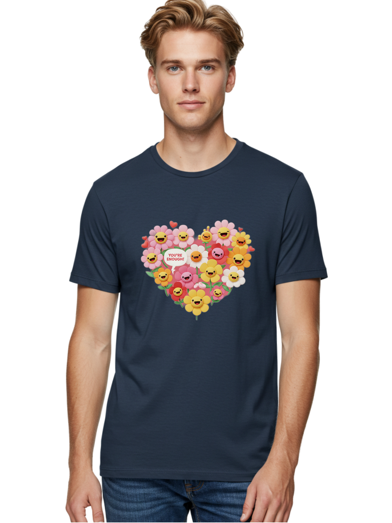 You-Re-Enough Men'S Graphic Tee, 100% Cotton, Comfortable Casual Summer Wear, Machine Washable, Heart-Shaped Arrangement Of Flowers, Smiling Emojis, Positive Affirmation, You'Re Enough, Cute Design, Floral Pattern, Uplifting Message, Bae333 29