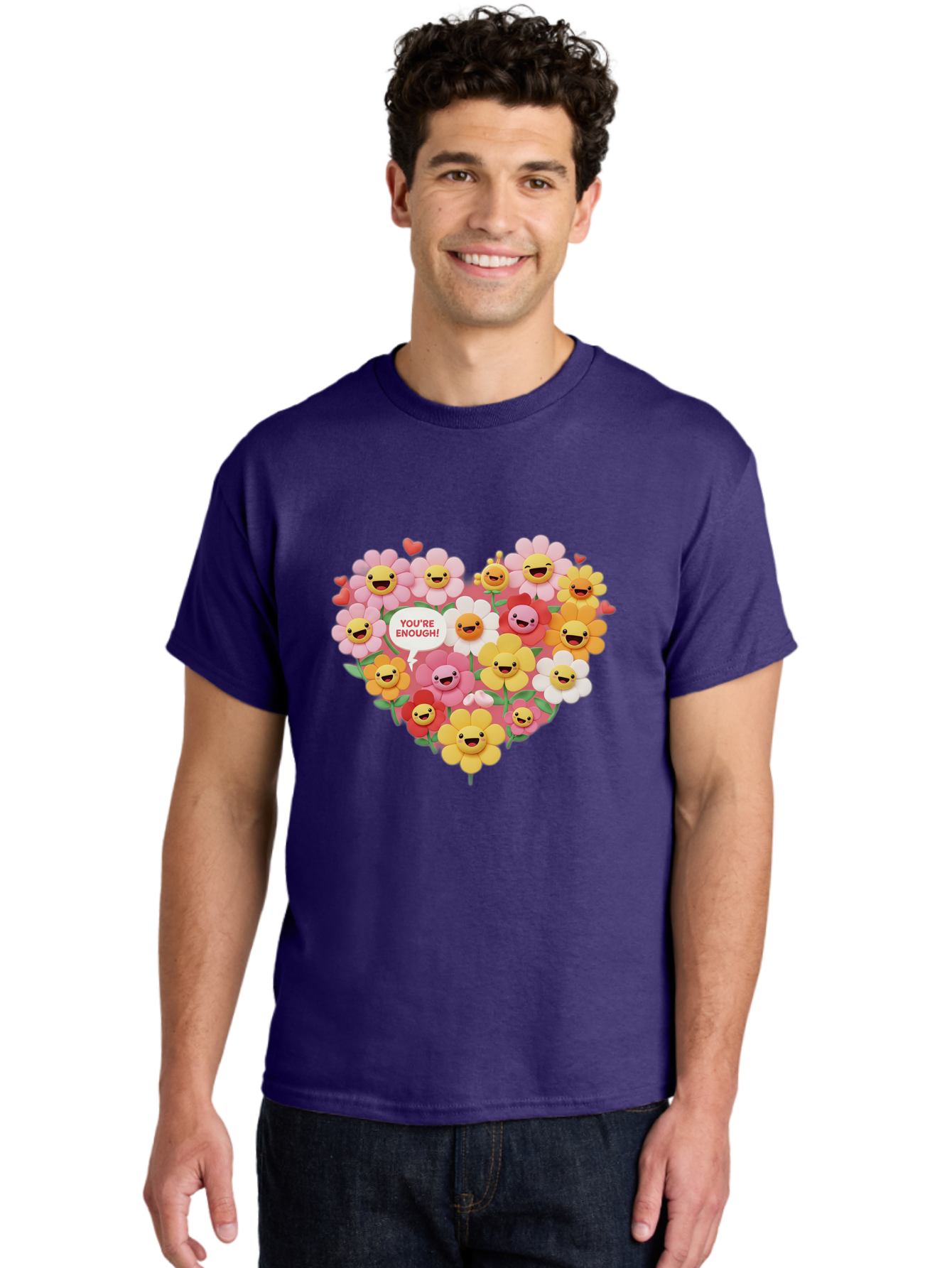 You-Re-Enough Men'S Graphic Tee, 100% Cotton, Comfortable Casual Summer Wear, Machine Washable, Heart-Shaped Arrangement Of Flowers, Smiling Emojis, Positive Affirmation, You'Re Enough, Cute Design, Floral Pattern, Uplifting Message, Bae333 19