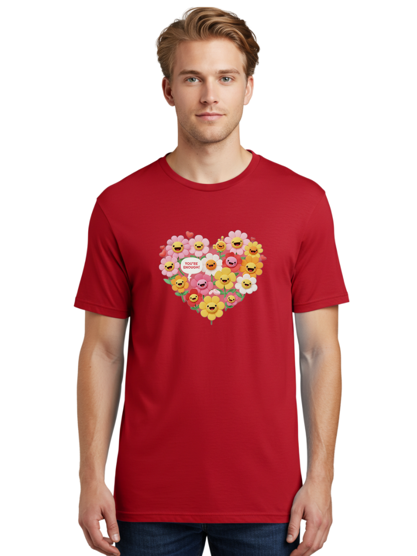 You-Re-Enough Men'S Graphic Tee, 100% Cotton, Comfortable Casual Summer Wear, Machine Washable, Heart-Shaped Arrangement Of Flowers, Smiling Emojis, Positive Affirmation, You'Re Enough, Cute Design, Floral Pattern, Uplifting Message, Bae333 23