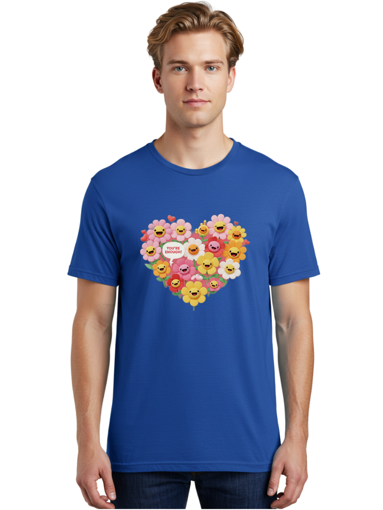 You-Re-Enough Men'S Graphic Tee, 100% Cotton, Comfortable Casual Summer Wear, Machine Washable, Heart-Shaped Arrangement Of Flowers, Smiling Emojis, Positive Affirmation, You'Re Enough, Cute Design, Floral Pattern, Uplifting Message, Bae333 22