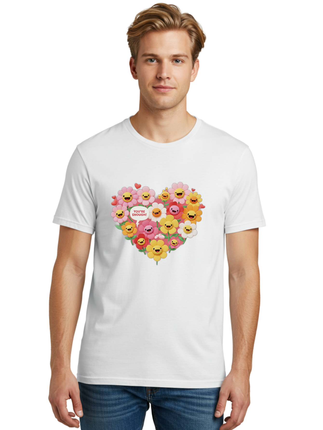 You-Re-Enough Men'S Graphic Tee, 100% Cotton, Comfortable Casual Summer Wear, Machine Washable, Heart-Shaped Arrangement Of Flowers, Smiling Emojis, Positive Affirmation, You'Re Enough, Cute Design, Floral Pattern, Uplifting Message, Bae333 21