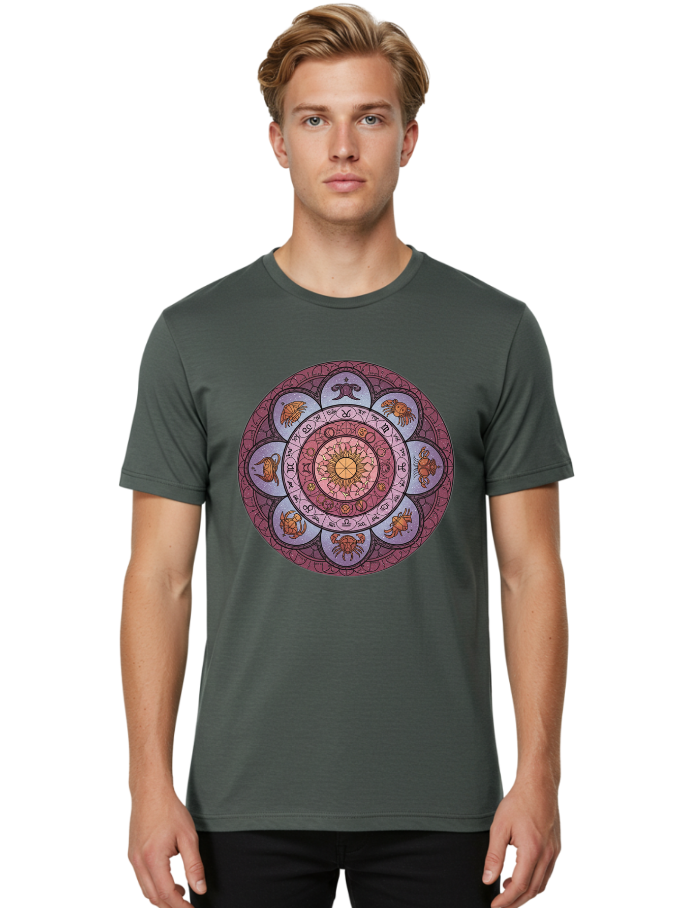 Zodiac-Circle-1 Men'S Graphic Tee, 100% Cotton, Comfortable Casual Summer Wear, Machine Washable, Zodiac Signs, Astrology Symbols, Celestial Wheel, Mandala Design, Spiritual Pattern, Mystical Art, Horoscope Chart, Esoteric Symbolism, Bae336 16