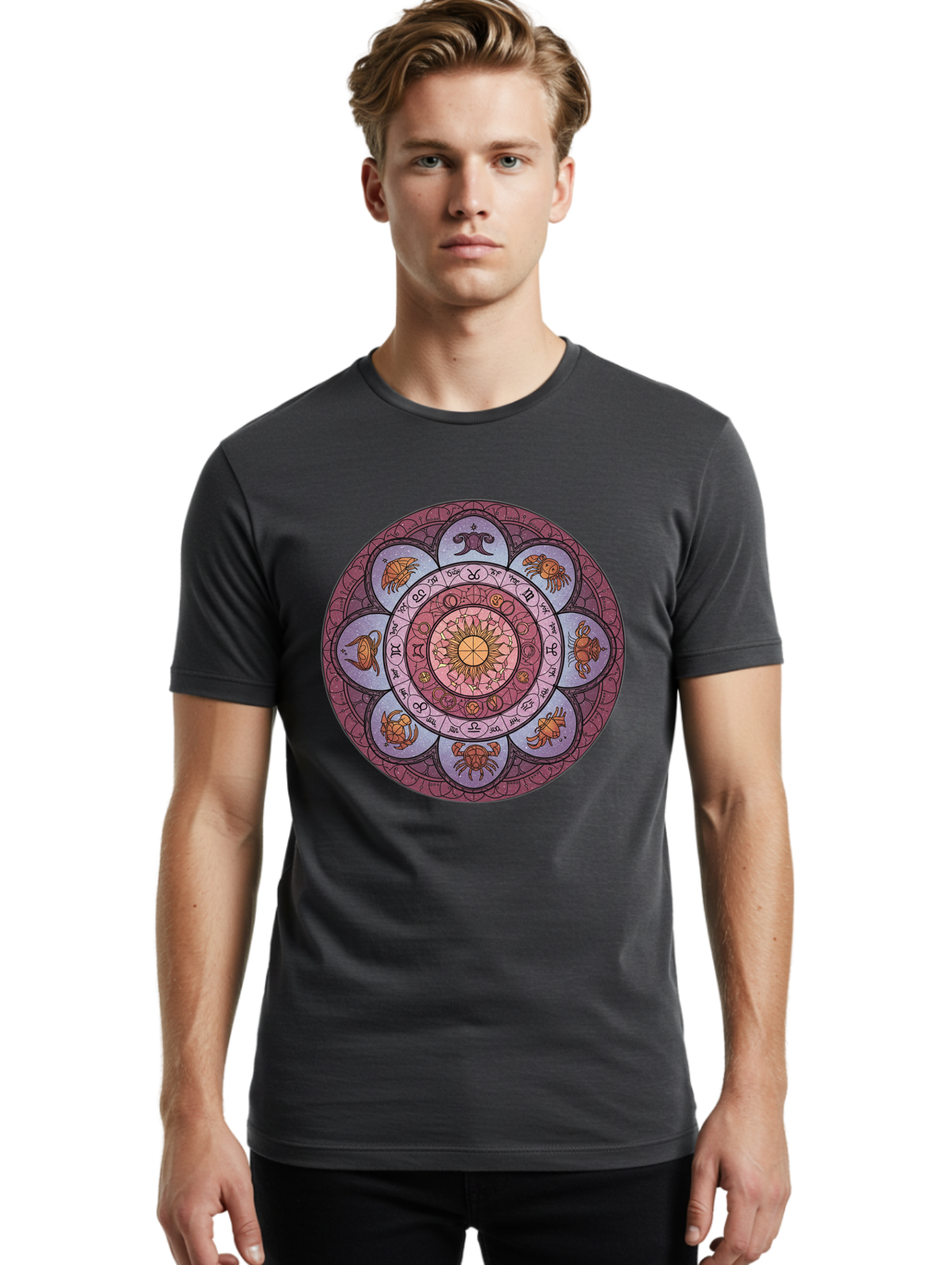 Zodiac-Circle-1 Men'S Graphic Tee, 100% Cotton, Comfortable Casual Summer Wear, Machine Washable, Zodiac Signs, Astrology Symbols, Celestial Wheel, Mandala Design, Spiritual Pattern, Mystical Art, Horoscope Chart, Esoteric Symbolism, Bae336 29