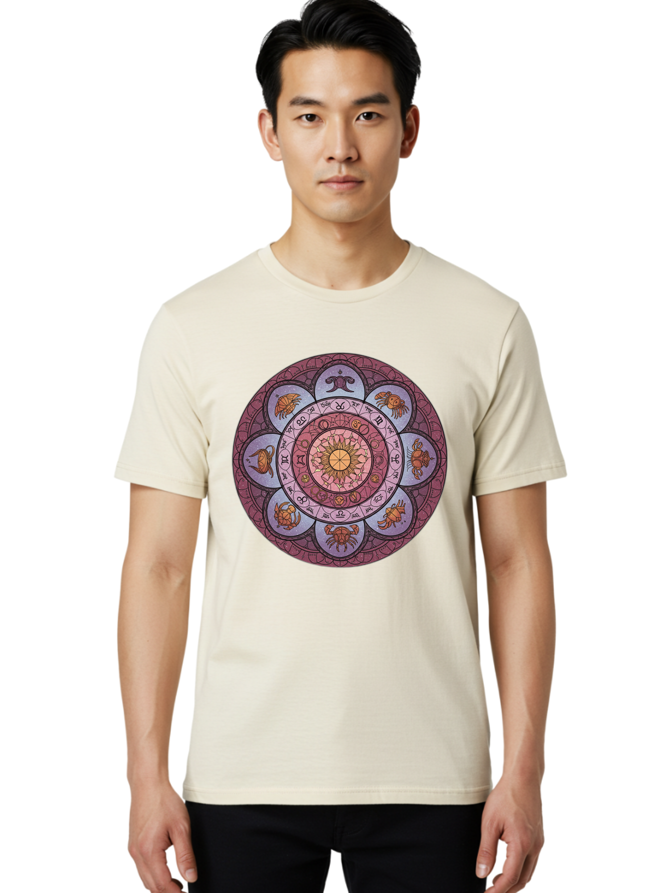 Zodiac-Circle-1 Men'S Graphic Tee, 100% Cotton, Comfortable Casual Summer Wear, Machine Washable, Zodiac Signs, Astrology Symbols, Celestial Wheel, Mandala Design, Spiritual Pattern, Mystical Art, Horoscope Chart, Esoteric Symbolism, Bae336 25