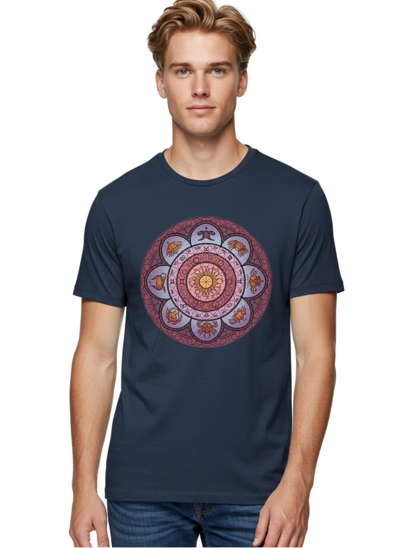 Zodiac-Circle-1 Men'S Graphic Tee, 100% Cotton, Comfortable Casual Summer Wear, Machine Washable, Zodiac Signs, Astrology Symbols, Celestial Wheel, Mandala Design, Spiritual Pattern, Mystical Art, Horoscope Chart, Esoteric Symbolism, Bae336 30