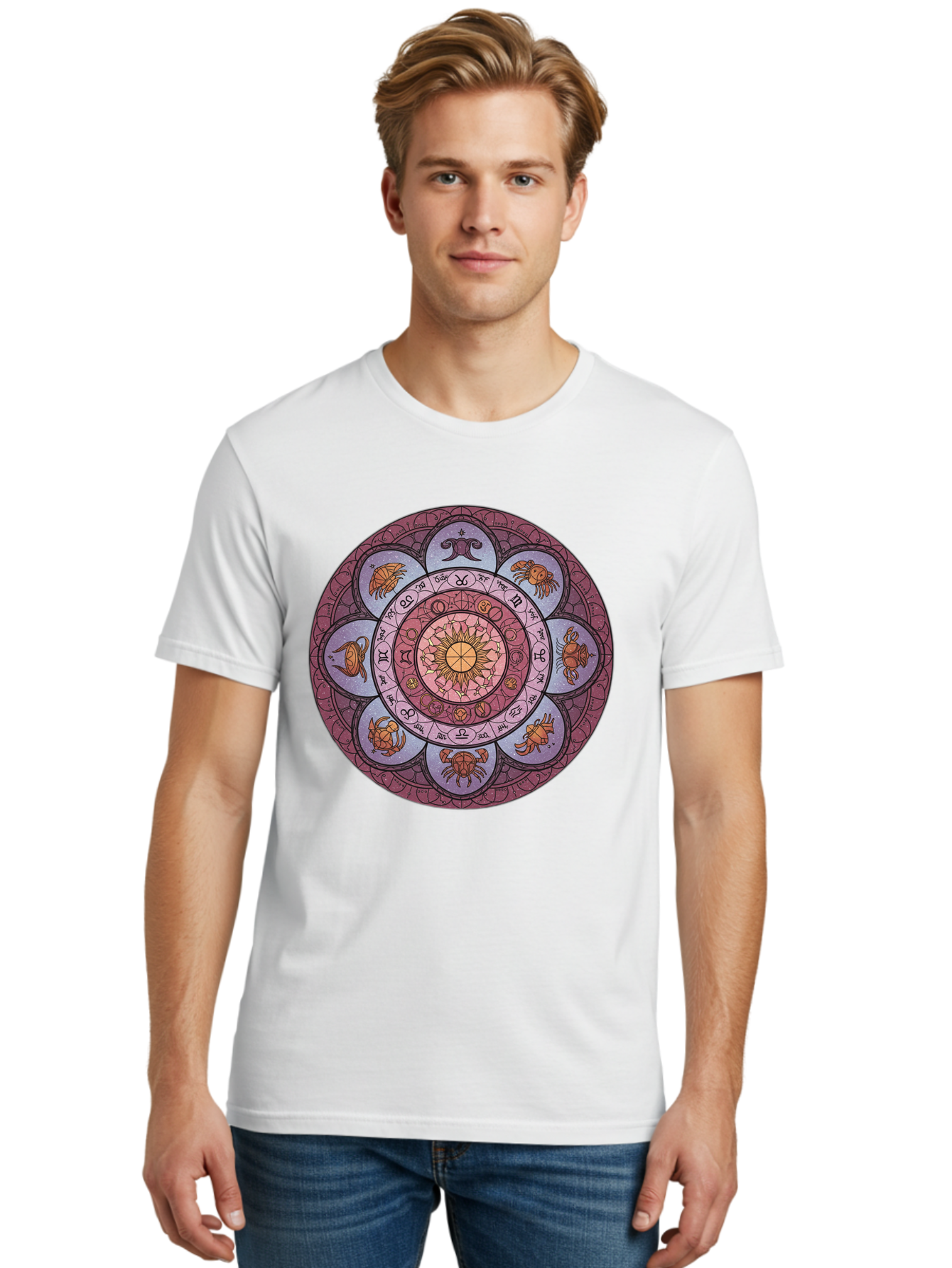 Zodiac-Circle-1 Men'S Graphic Tee, 100% Cotton, Comfortable Casual Summer Wear, Machine Washable, Zodiac Signs, Astrology Symbols, Celestial Wheel, Mandala Design, Spiritual Pattern, Mystical Art, Horoscope Chart, Esoteric Symbolism, Bae336 21