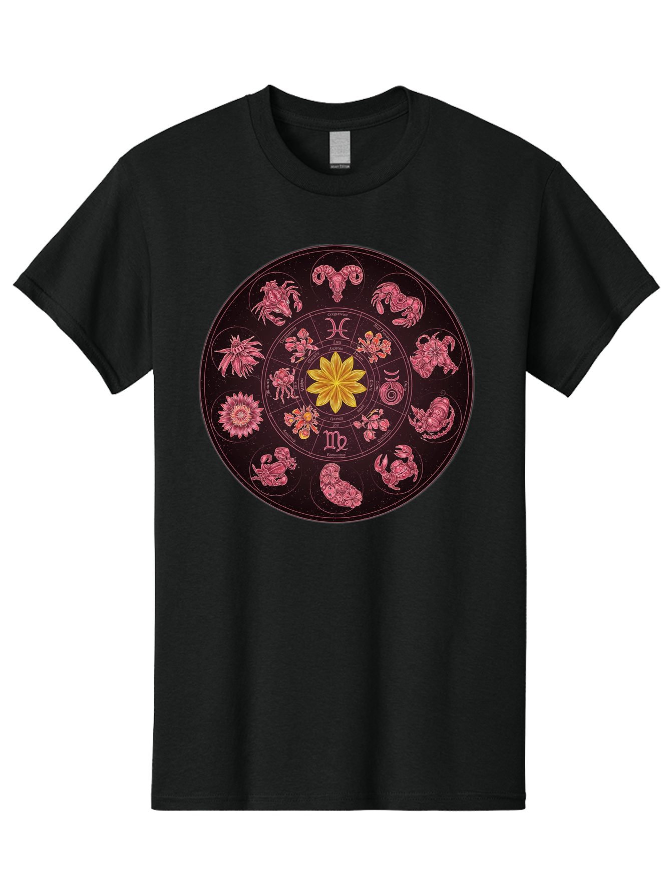 Zodiac-Circle Men'S Graphic Tee, 100% Cotton, Comfortable Casual Summer Wear, Machine Washable, Zodiac Wheel, Astrological Symbols, Floral Centerpiece, Mystical Design, Cancer, Capricorn, Virgo, Pink Illustrations, Yellow Flower, Esoteric Art, Bae337 10