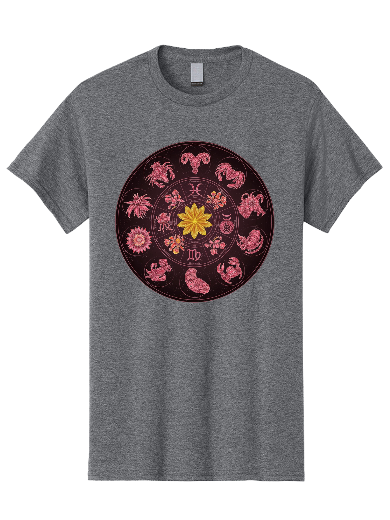 Zodiac-Circle Men'S Graphic Tee, 100% Cotton, Comfortable Casual Summer Wear, Machine Washable, Zodiac Wheel, Astrological Symbols, Floral Centerpiece, Mystical Design, Cancer, Capricorn, Virgo, Pink Illustrations, Yellow Flower, Esoteric Art, Bae337 2