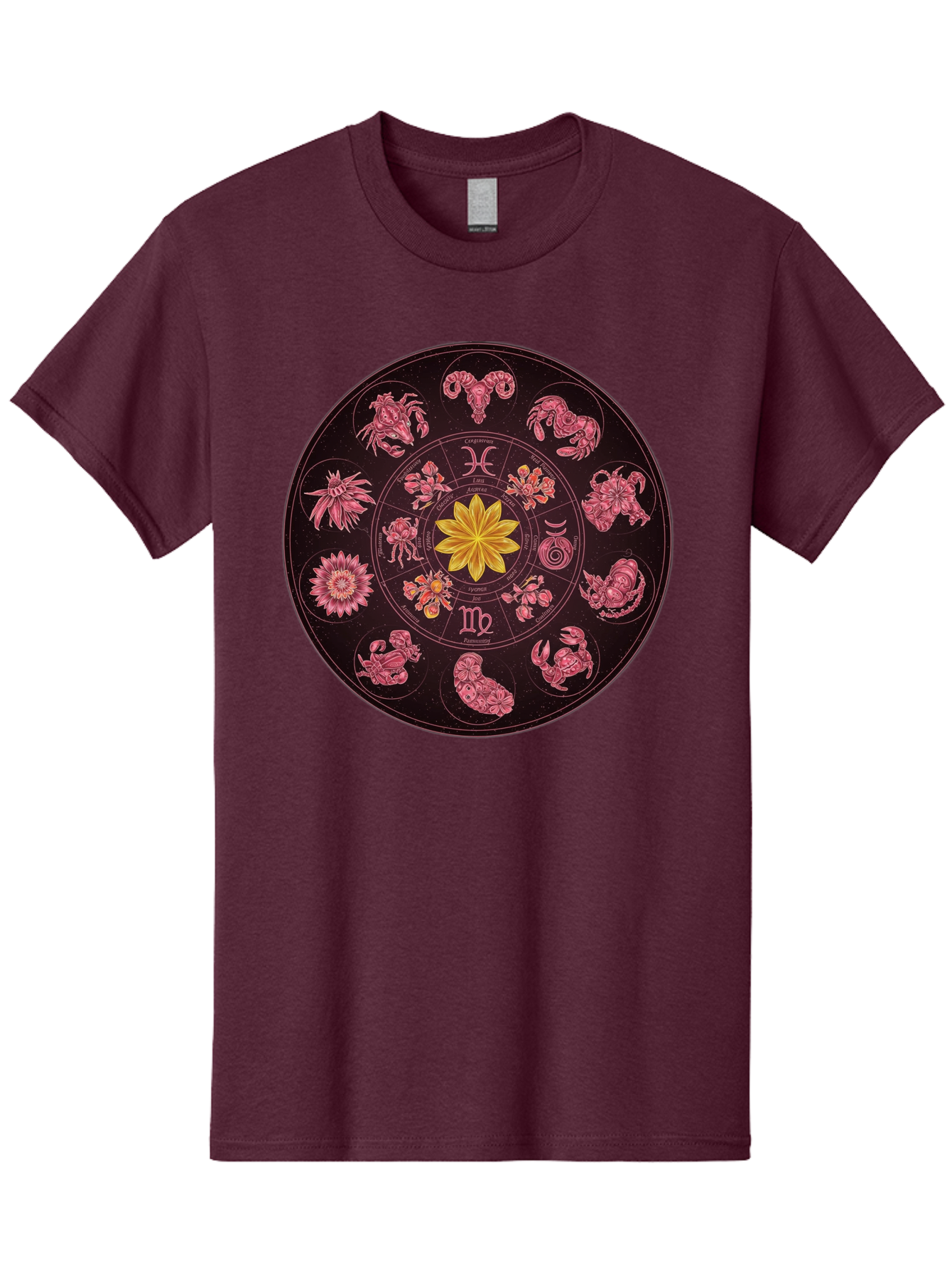 Zodiac-Circle Men'S Graphic Tee, 100% Cotton, Comfortable Casual Summer Wear, Machine Washable, Zodiac Wheel, Astrological Symbols, Floral Centerpiece, Mystical Design, Cancer, Capricorn, Virgo, Pink Illustrations, Yellow Flower, Esoteric Art, Bae337 14