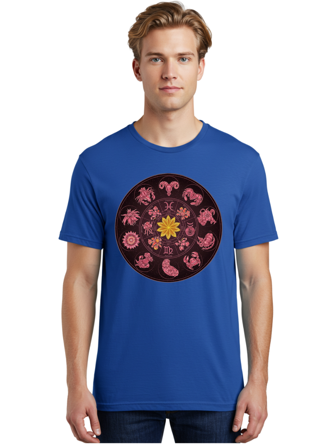 Zodiac-Circle Men'S Graphic Tee, 100% Cotton, Comfortable Casual Summer Wear, Machine Washable, Zodiac Wheel, Astrological Symbols, Floral Centerpiece, Mystical Design, Cancer, Capricorn, Virgo, Pink Illustrations, Yellow Flower, Esoteric Art, Bae337 20