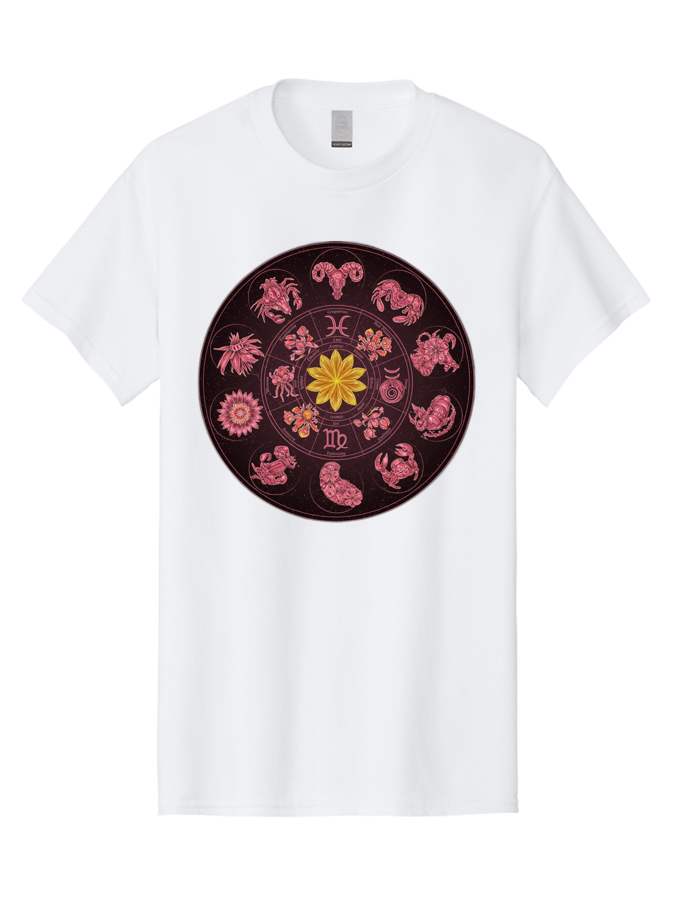 Zodiac-Circle Men'S Graphic Tee, 100% Cotton, Comfortable Casual Summer Wear, Machine Washable, Zodiac Wheel, Astrological Symbols, Floral Centerpiece, Mystical Design, Cancer, Capricorn, Virgo, Pink Illustrations, Yellow Flower, Esoteric Art, Bae337 1