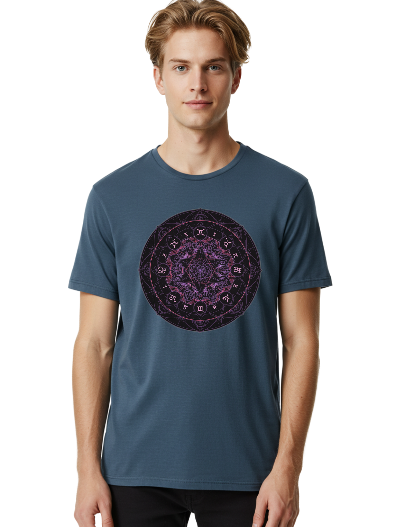 Zodiac-Mandala-1 Men'S Graphic Tee, 100% Cotton, Comfortable Casual Summer Wear, Machine Washable, Kabbalah Symbols, Zodiac Signs, Mystic Mandala, Sacred Geometry, Spiritual Art, Magical Symbols, Esoteric Wheel, Mystical Astrology Bae338 21