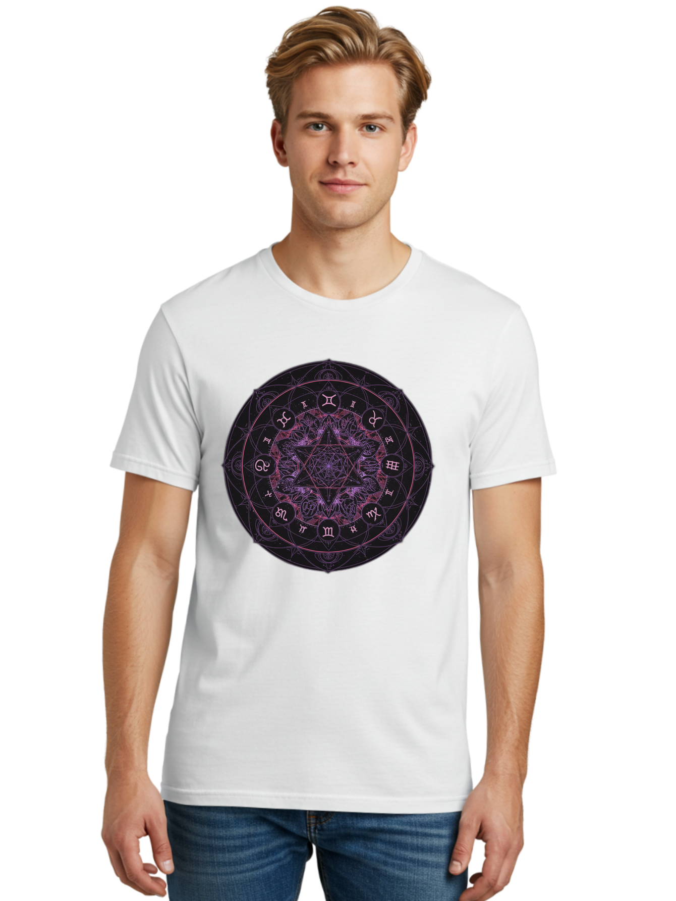 Zodiac-Mandala-1 Men'S Graphic Tee, 100% Cotton, Comfortable Casual Summer Wear, Machine Washable, Kabbalah Symbols, Zodiac Signs, Mystic Mandala, Sacred Geometry, Spiritual Art, Magical Symbols, Esoteric Wheel, Mystical Astrology Bae338 28
