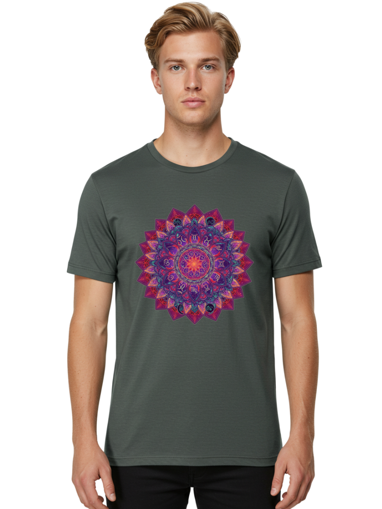 Zodiac-Mandala-2 Men'S Graphic Tee, 100% Cotton, Comfortable Casual Summer Wear, Machine Washable, Zodiac Signs, Astrology Symbols, Mandala Art, Spiritual Design, Mystical Patterns, Colorful Mandala, Intricate Details, Symbolic Representation, Bae339 29