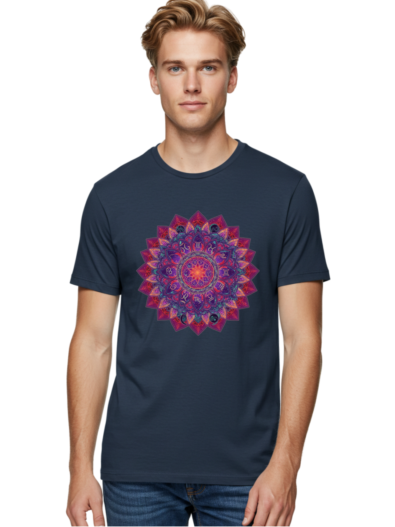 Zodiac-Mandala-2 Men'S Graphic Tee, 100% Cotton, Comfortable Casual Summer Wear, Machine Washable, Zodiac Signs, Astrology Symbols, Mandala Art, Spiritual Design, Mystical Patterns, Colorful Mandala, Intricate Details, Symbolic Representation, Bae339 22
