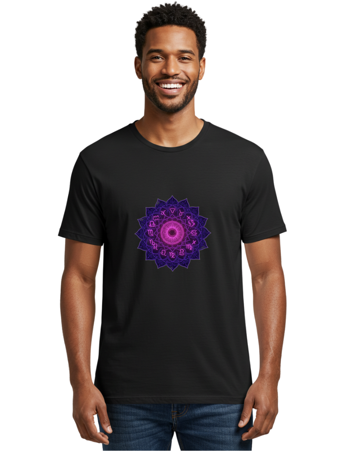 Zodiac-Mandala Men'S Graphic Tee, 100% Cotton, Comfortable Casual Summer Wear, Machine Washable, Zodiac Signs, Astrology Symbols, Mystical Art, Spiritual Design, Mandala Pattern, Purple And Pink Hues, Symbolic Representation, Horoscope Signs Bae340 17
