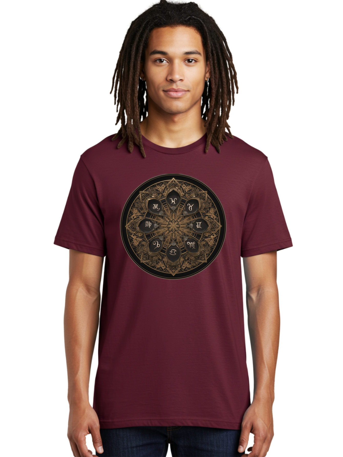 Zodiac-Signs-Mandala Men'S Graphic Tee, 100% Cotton, Comfortable Casual Summer Wear, Machine Washable, Zodiac Signs, Astrology Symbols, Mandala Art, Mystical Design, Spiritual Themes, Esoteric Patterns, Intricate Details, Bae341 25