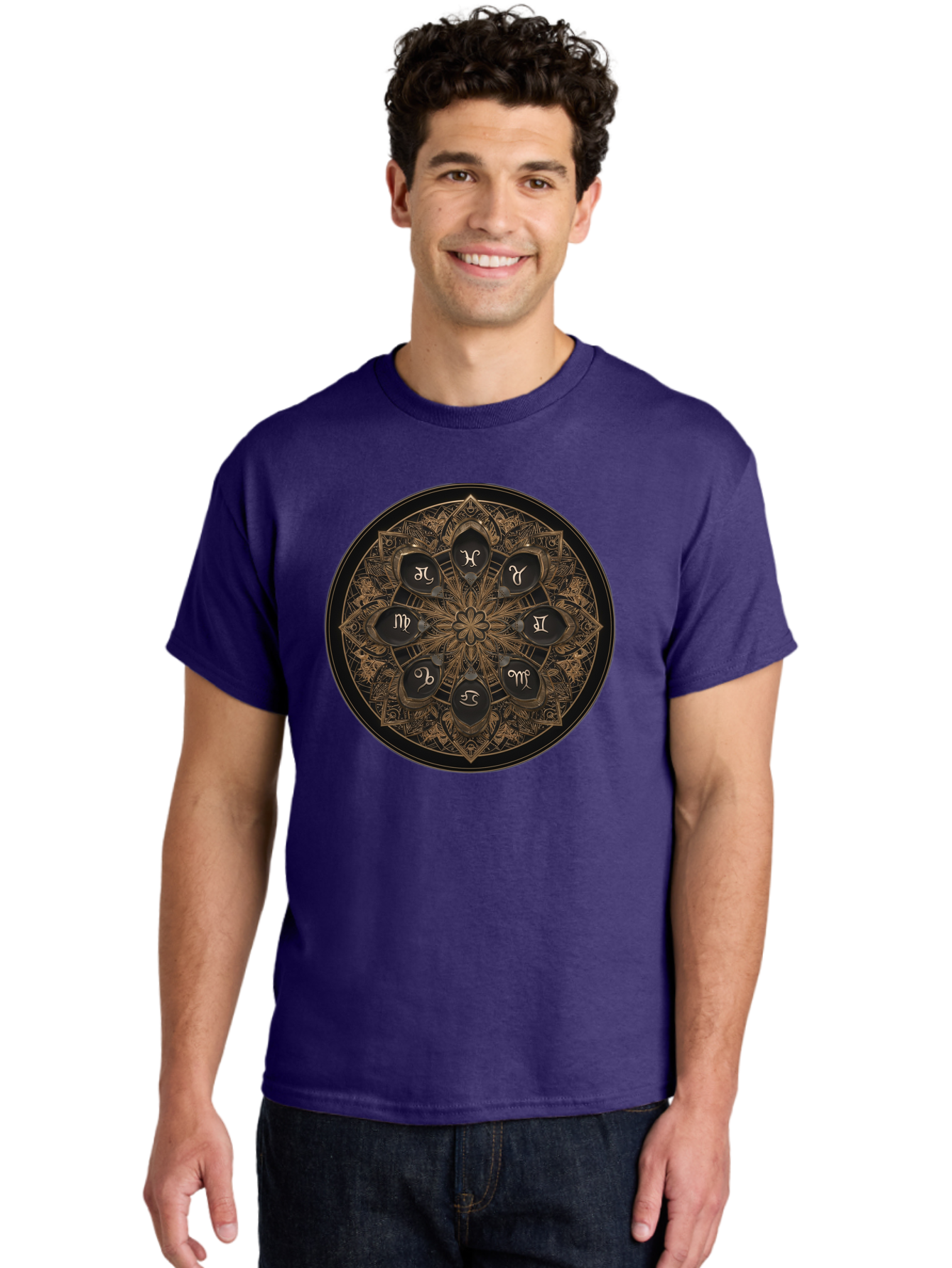 Zodiac-Signs-Mandala Men'S Graphic Tee, 100% Cotton, Comfortable Casual Summer Wear, Machine Washable, Zodiac Signs, Astrology Symbols, Mandala Art, Mystical Design, Spiritual Themes, Esoteric Patterns, Intricate Details, Bae341 19