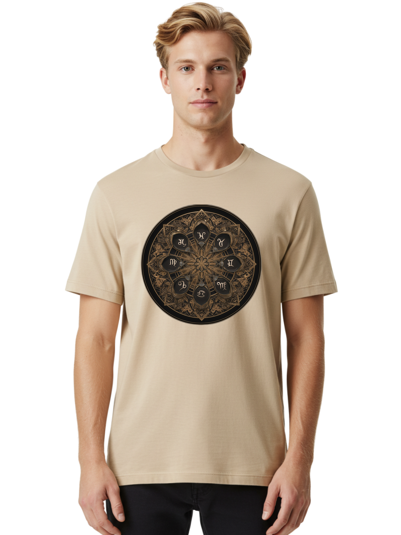 Zodiac-Signs-Mandala Men'S Graphic Tee, 100% Cotton, Comfortable Casual Summer Wear, Machine Washable, Zodiac Signs, Astrology Symbols, Mandala Art, Mystical Design, Spiritual Themes, Esoteric Patterns, Intricate Details, Bae341 27