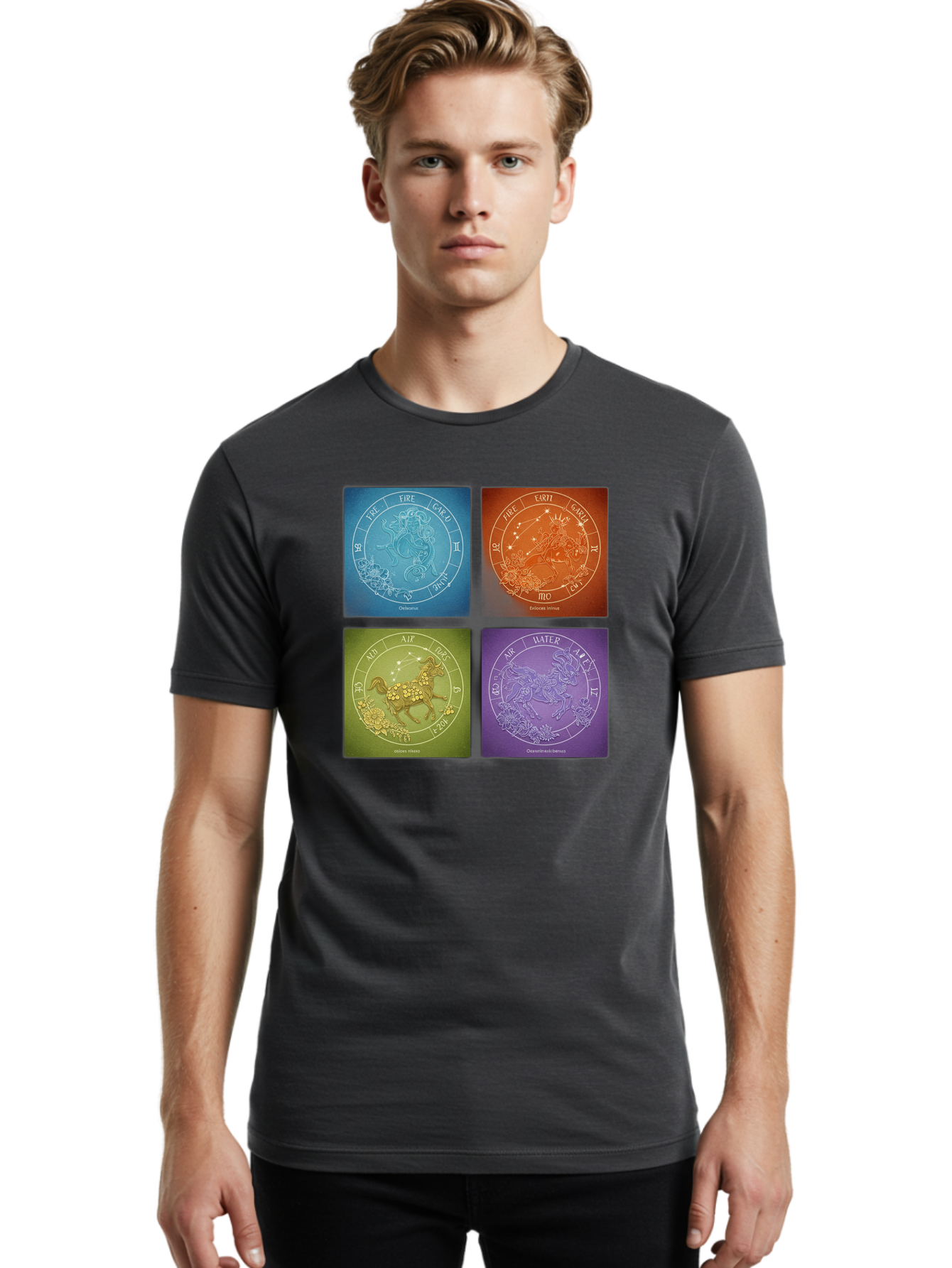 Zodiac-Signs Men'S Graphic Tee, 100% Cotton, Comfortable Casual Summer Wear, Machine Washable, Zodiac Signs, Astrological Elements, Fire, Earth, Air, Water, Horoscope Symbols, Celestial Bodies, Astrology Charts, Mystical Art Bae342 30
