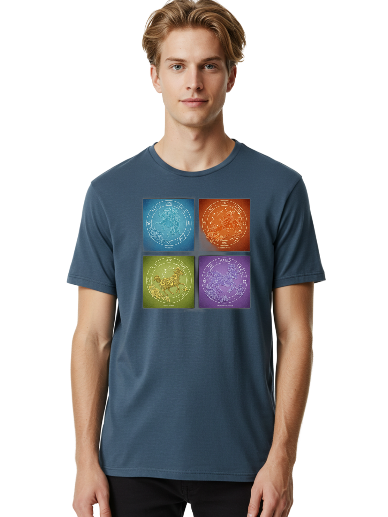 Zodiac-Signs Men'S Graphic Tee, 100% Cotton, Comfortable Casual Summer Wear, Machine Washable, Zodiac Signs, Astrological Elements, Fire, Earth, Air, Water, Horoscope Symbols, Celestial Bodies, Astrology Charts, Mystical Art Bae342 16