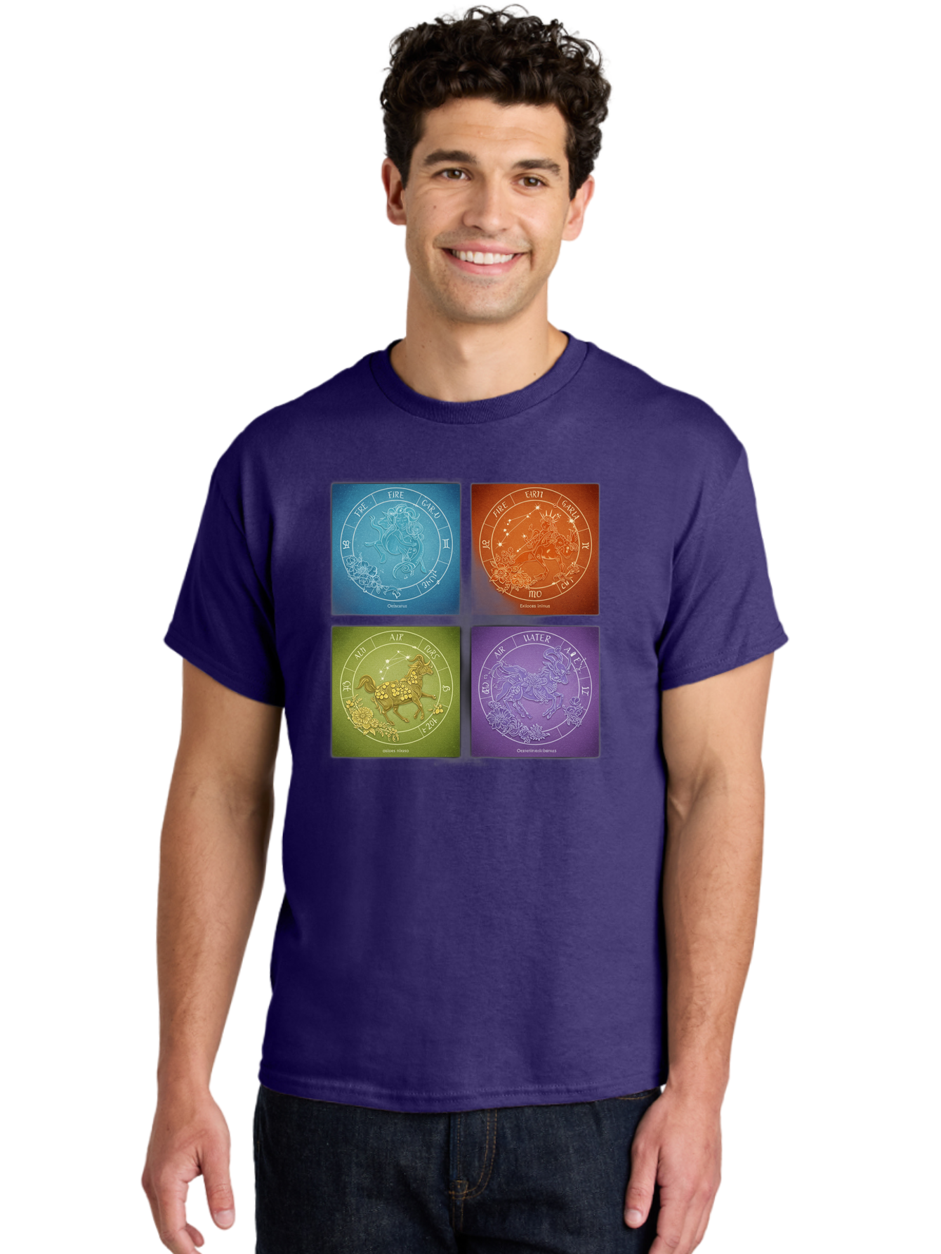 Zodiac-Signs Men'S Graphic Tee, 100% Cotton, Comfortable Casual Summer Wear, Machine Washable, Zodiac Signs, Astrological Elements, Fire, Earth, Air, Water, Horoscope Symbols, Celestial Bodies, Astrology Charts, Mystical Art Bae342 28