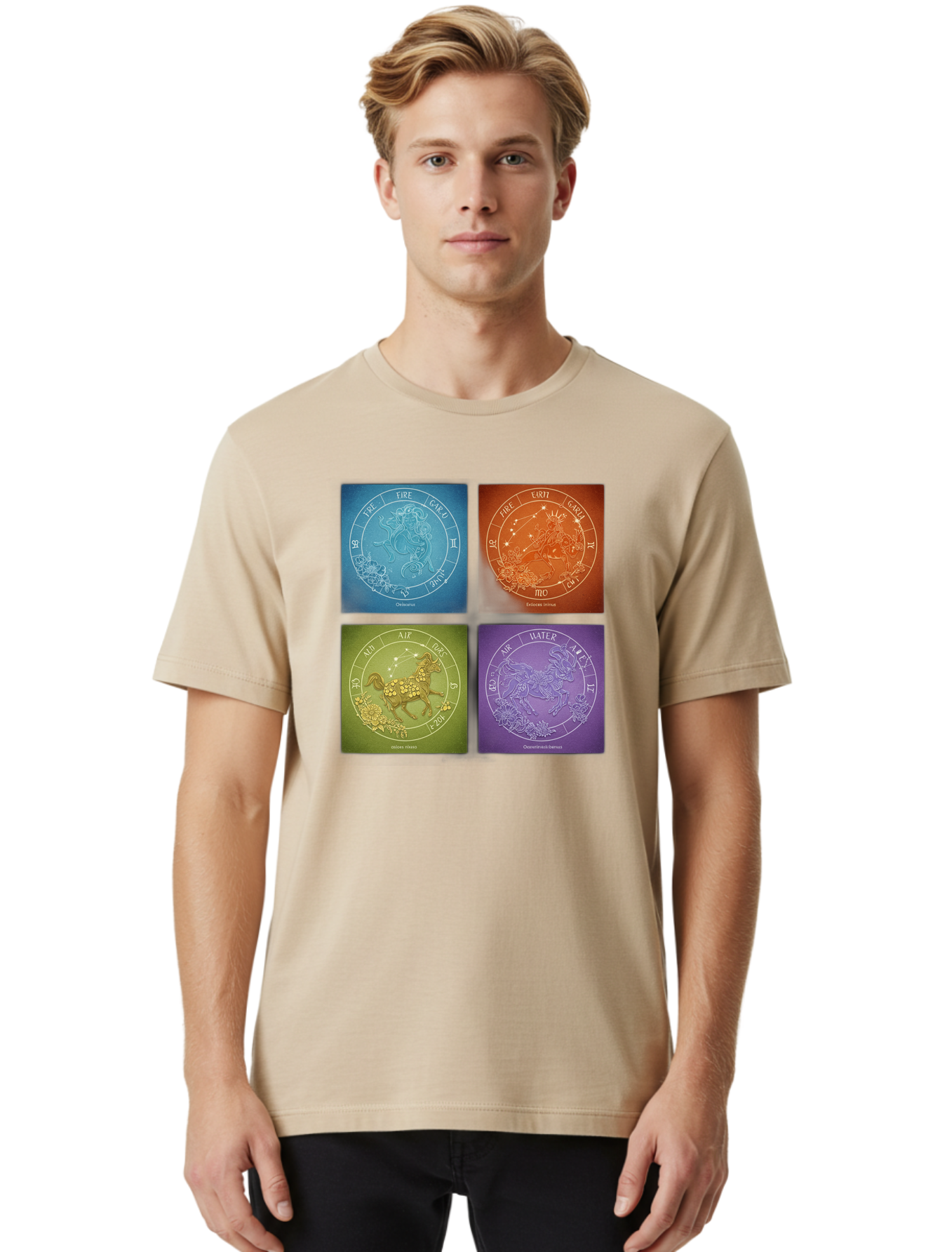 Zodiac-Signs Men'S Graphic Tee, 100% Cotton, Comfortable Casual Summer Wear, Machine Washable, Zodiac Signs, Astrological Elements, Fire, Earth, Air, Water, Horoscope Symbols, Celestial Bodies, Astrology Charts, Mystical Art Bae342 23