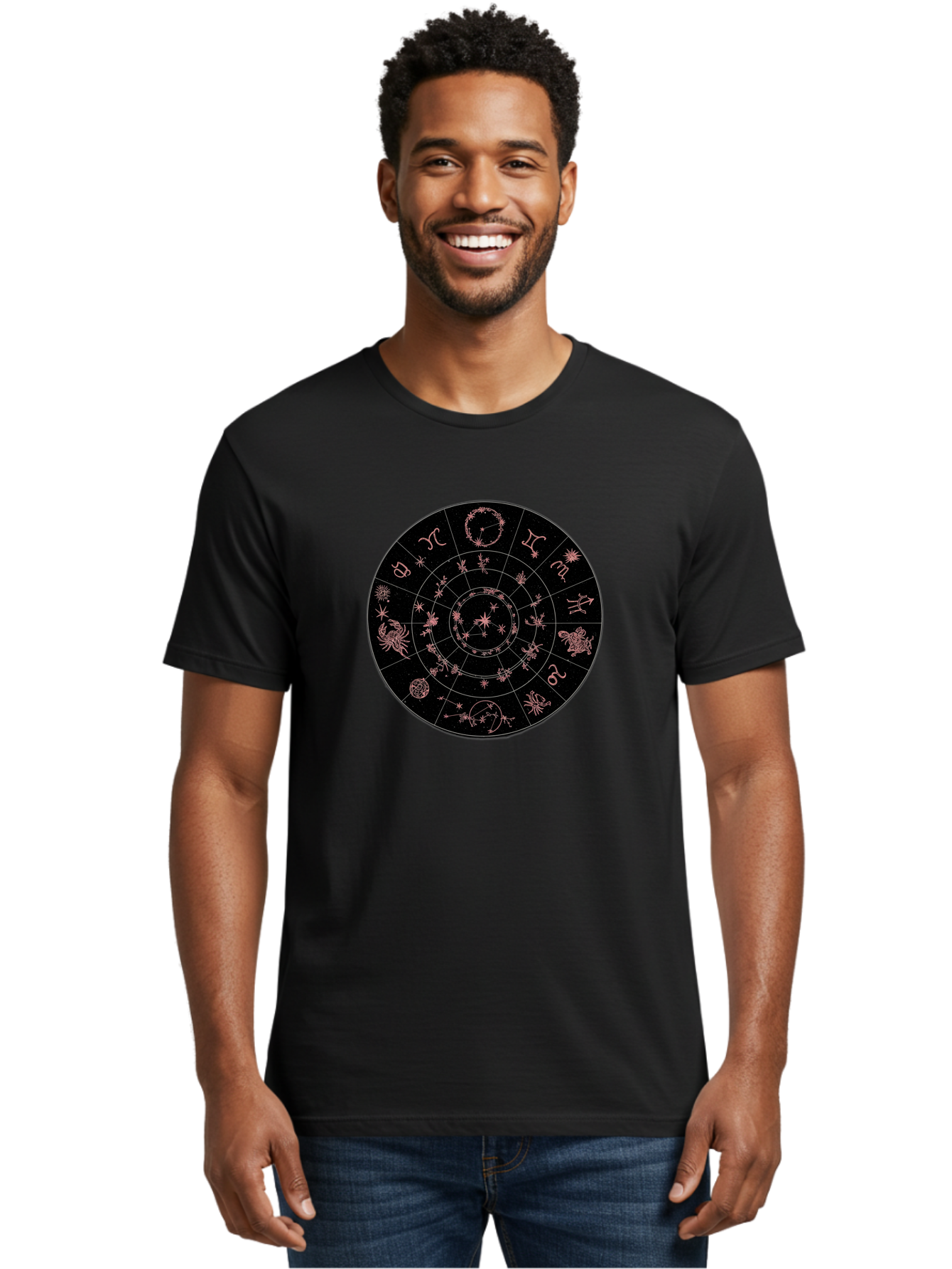 Zodiac-Wheel-1 Men'S Graphic Tee, 100% Cotton, Comfortable Casual Summer Wear, Machine Washable, Zodiac Signs, Astrology Chart, Mystical Symbols, Stars And Constellations, Horoscope Wheel, Spiritual Emblem, Celestial Map, Pink Illustrations Bae343 19