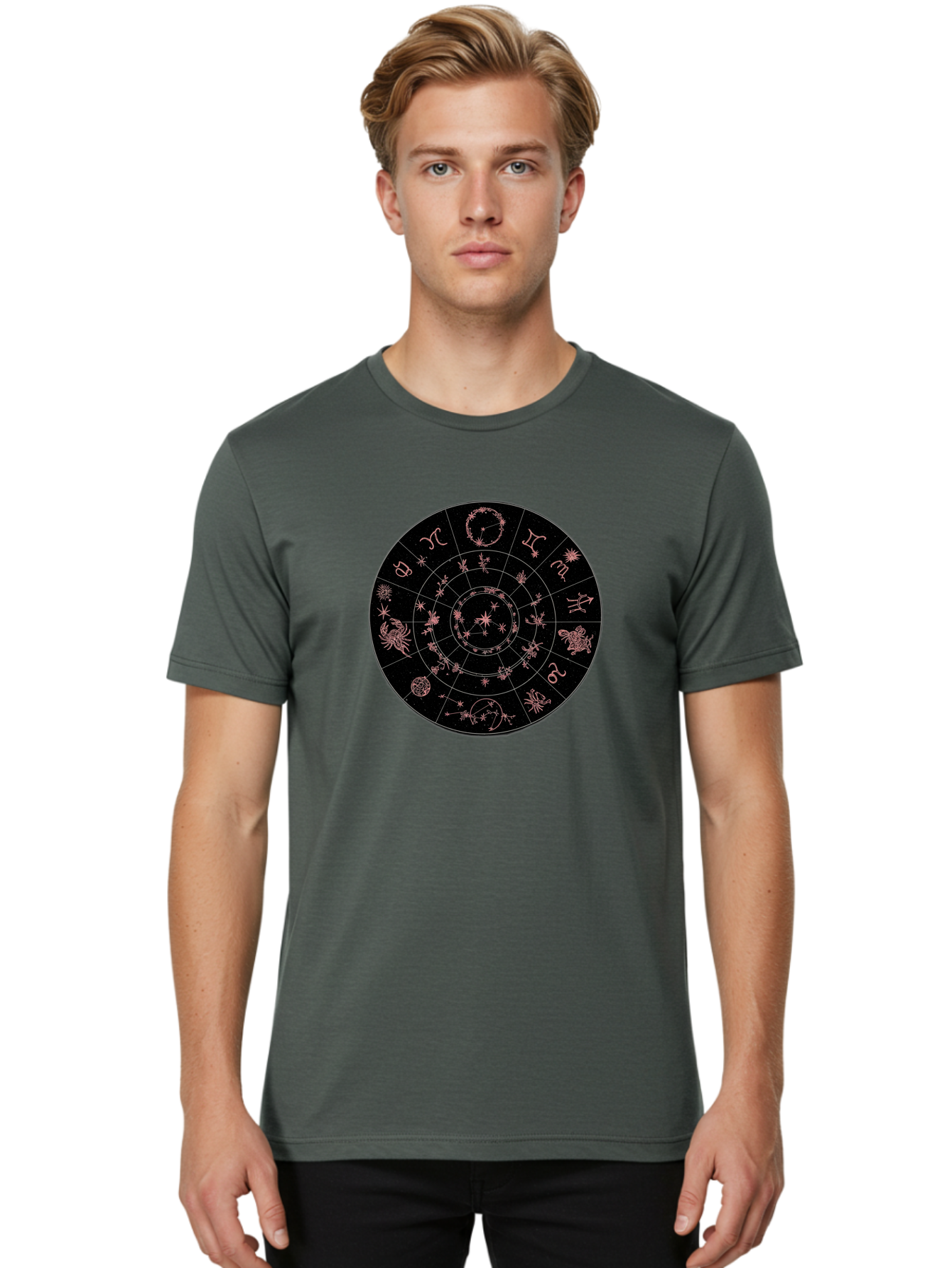 Zodiac-Wheel-1 Men'S Graphic Tee, 100% Cotton, Comfortable Casual Summer Wear, Machine Washable, Zodiac Signs, Astrology Chart, Mystical Symbols, Stars And Constellations, Horoscope Wheel, Spiritual Emblem, Celestial Map, Pink Illustrations Bae343 25